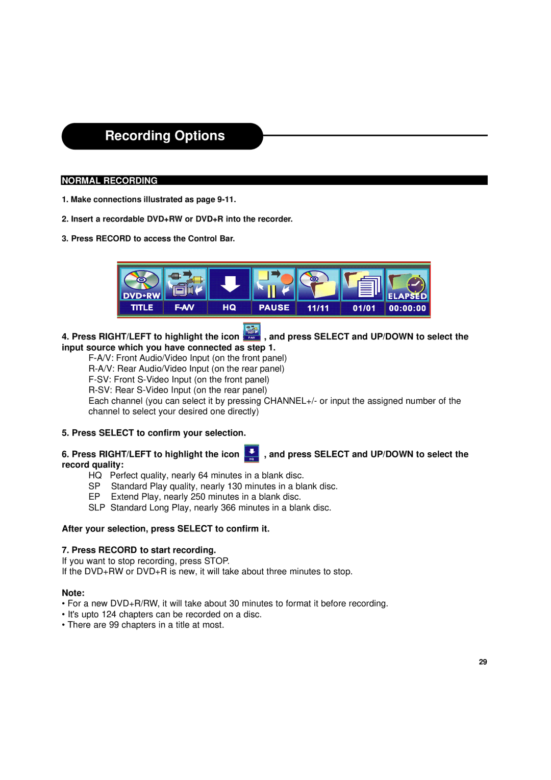 Apex Digital DRX-9000 operating instructions Normal Recording, Press Select and UP/DOWN to select 