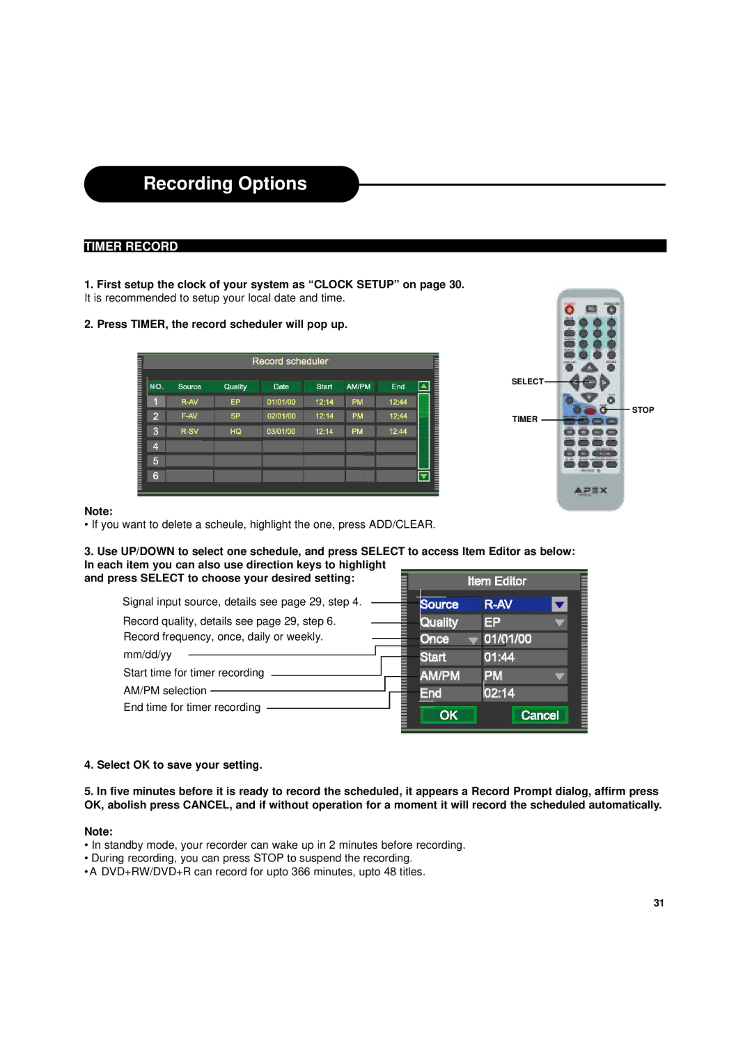 Apex Digital DRX-9000 operating instructions Timer Record 