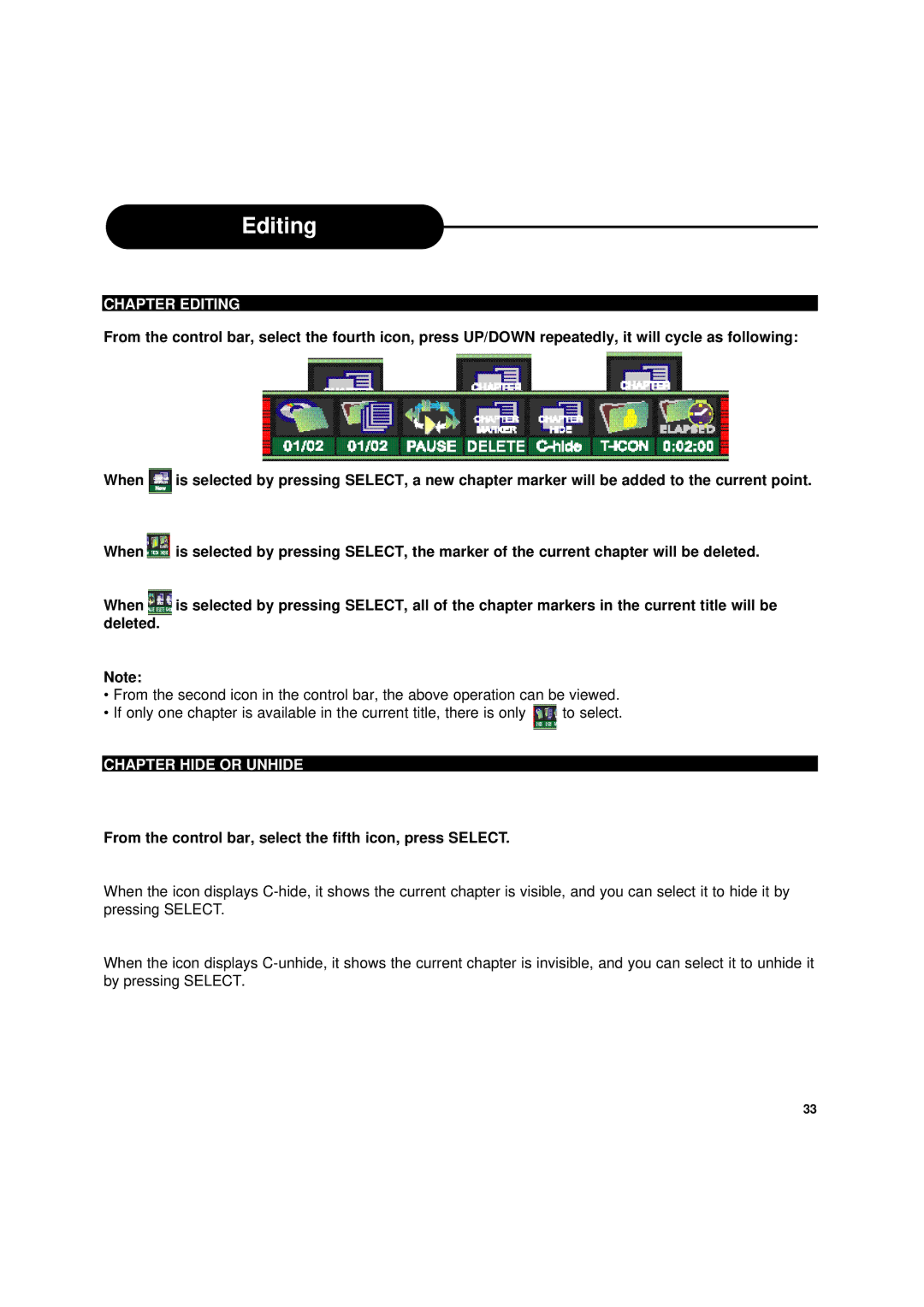 Apex Digital DRX-9000 operating instructions Chapter Editing, Chapter Hide or Unhide 