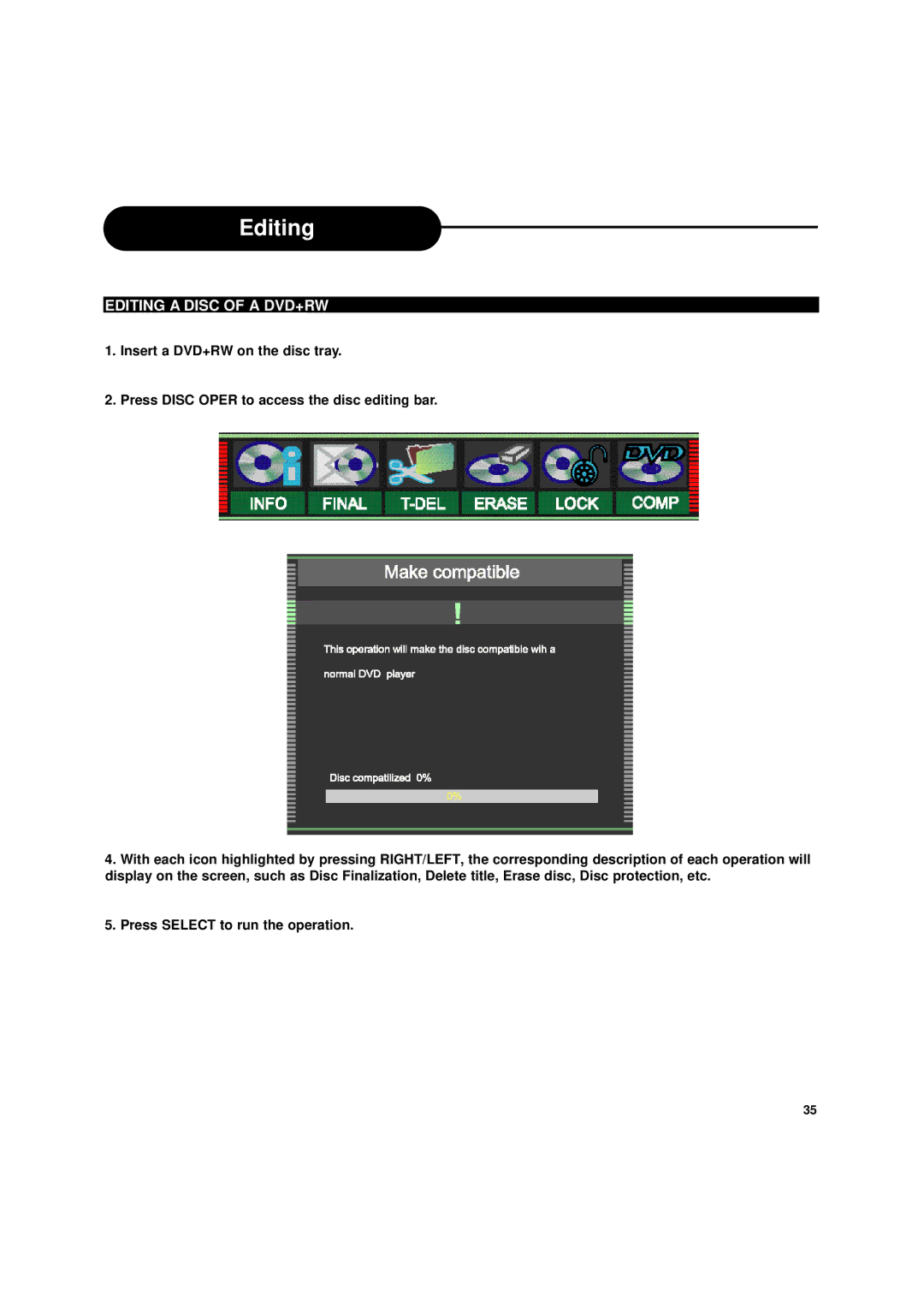 Apex Digital DRX-9000 operating instructions Editing a Disc of a DVD+RW 