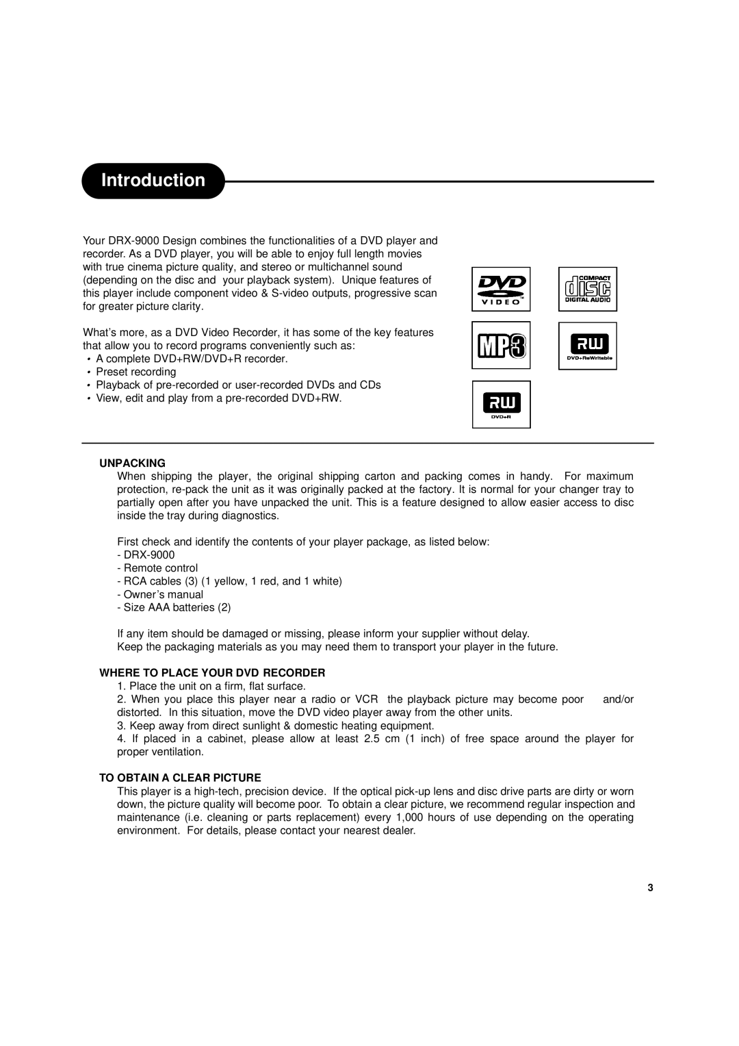 Apex Digital DRX-9000 operating instructions Introduction, Unpacking 