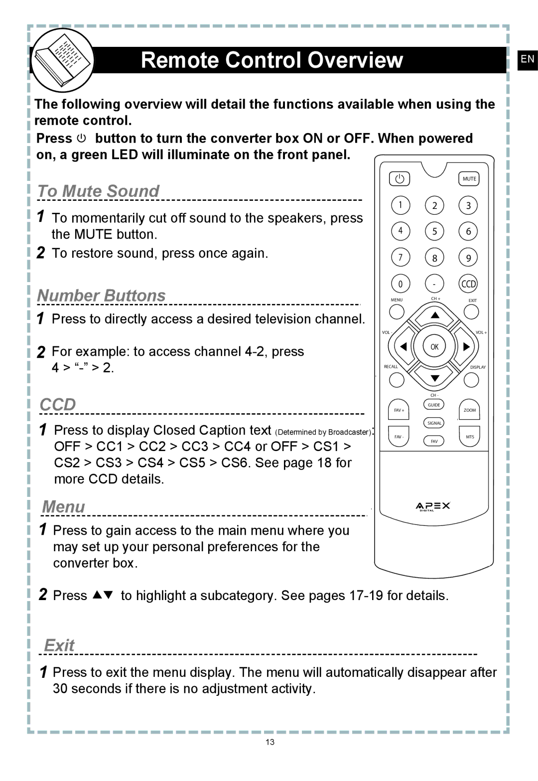 Apex Digital DT150 user manual Remote Control Overview, To Mute Sound, Number Buttons, Exit 