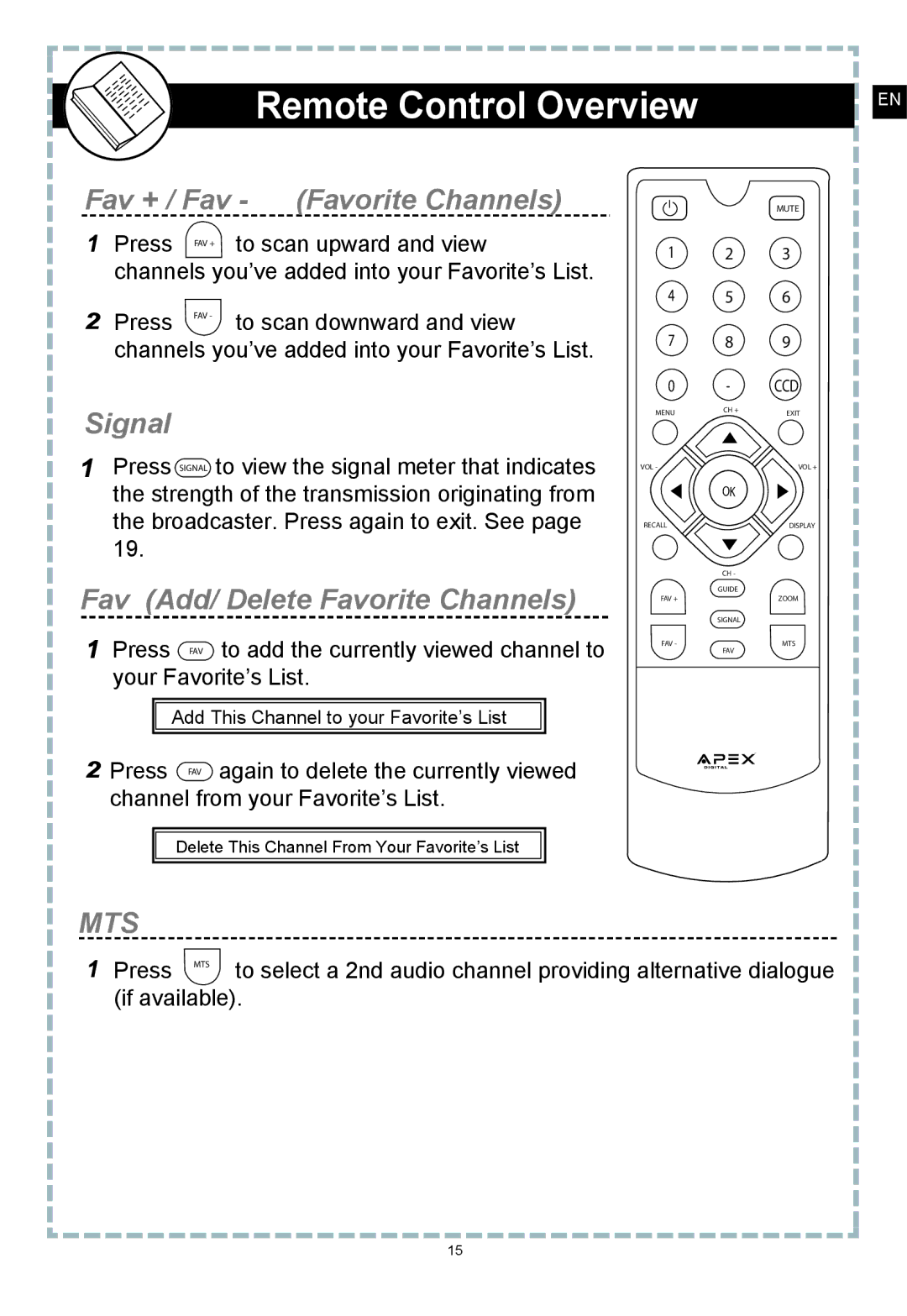 Apex Digital DT150 user manual Fav + / Fav Favorite Channels, Signal, Fav Add/ Delete Favorite Channels 