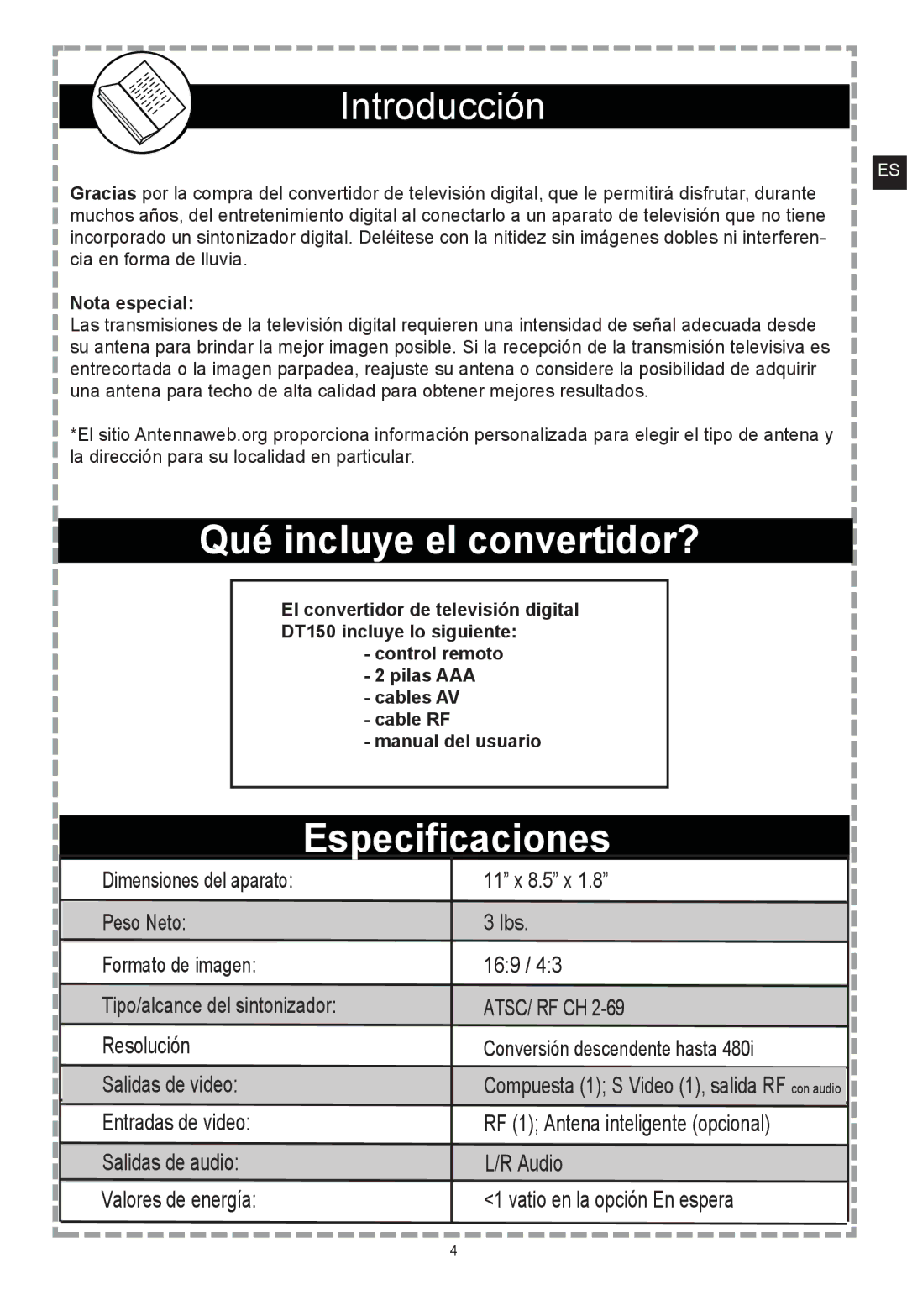 Apex Digital DT150 user manual Qué incluye el convertidor? 