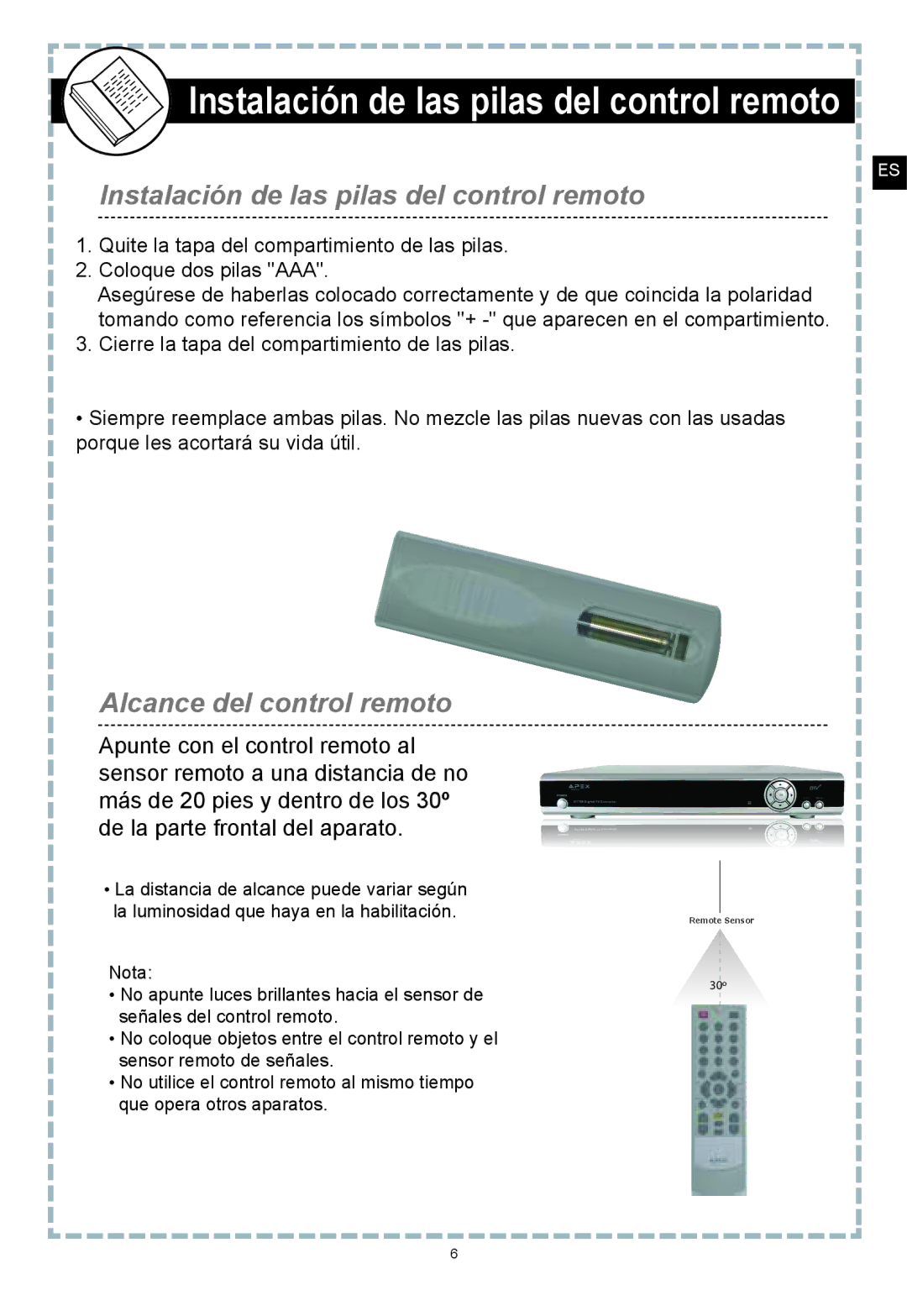 Apex Digital DT150 user manual Instalación de las pilas del control remoto, Alcance del control remoto 