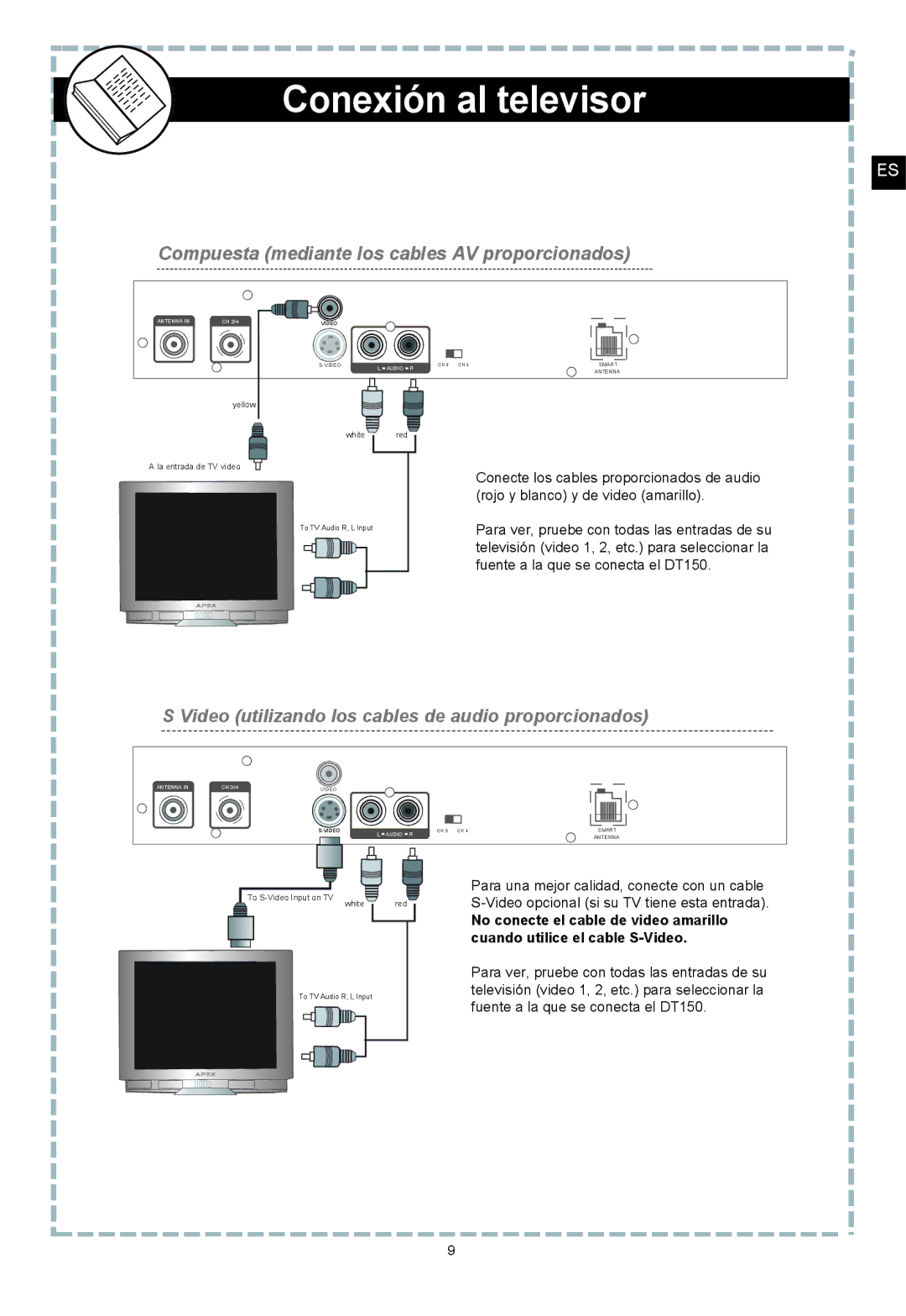 Apex Digital DT150 user manual Conexión al televisor, Compuesta mediante los cables AV proporcionados 