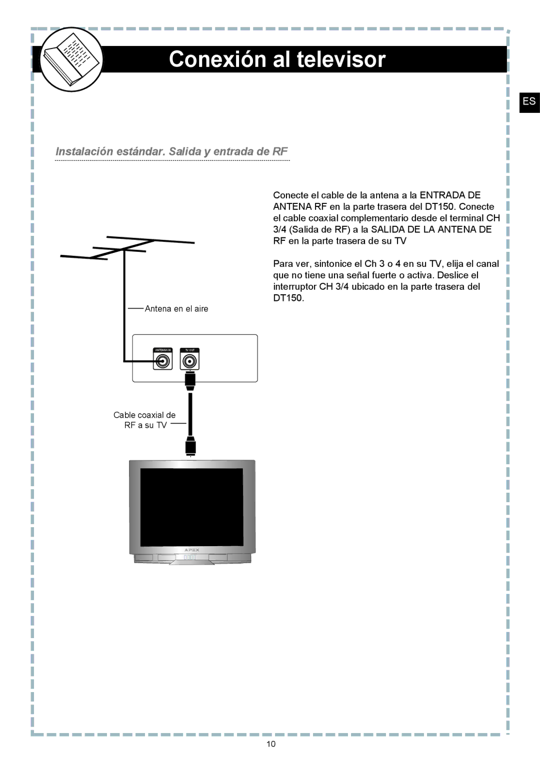 Apex Digital DT150 user manual Instalación estándar. Salida y entrada de RF 