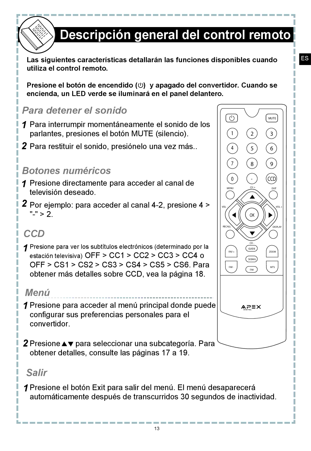 Apex Digital DT150 user manual Descripción general del control remoto, Para detener el sonido, Botones numéricos, Salir 