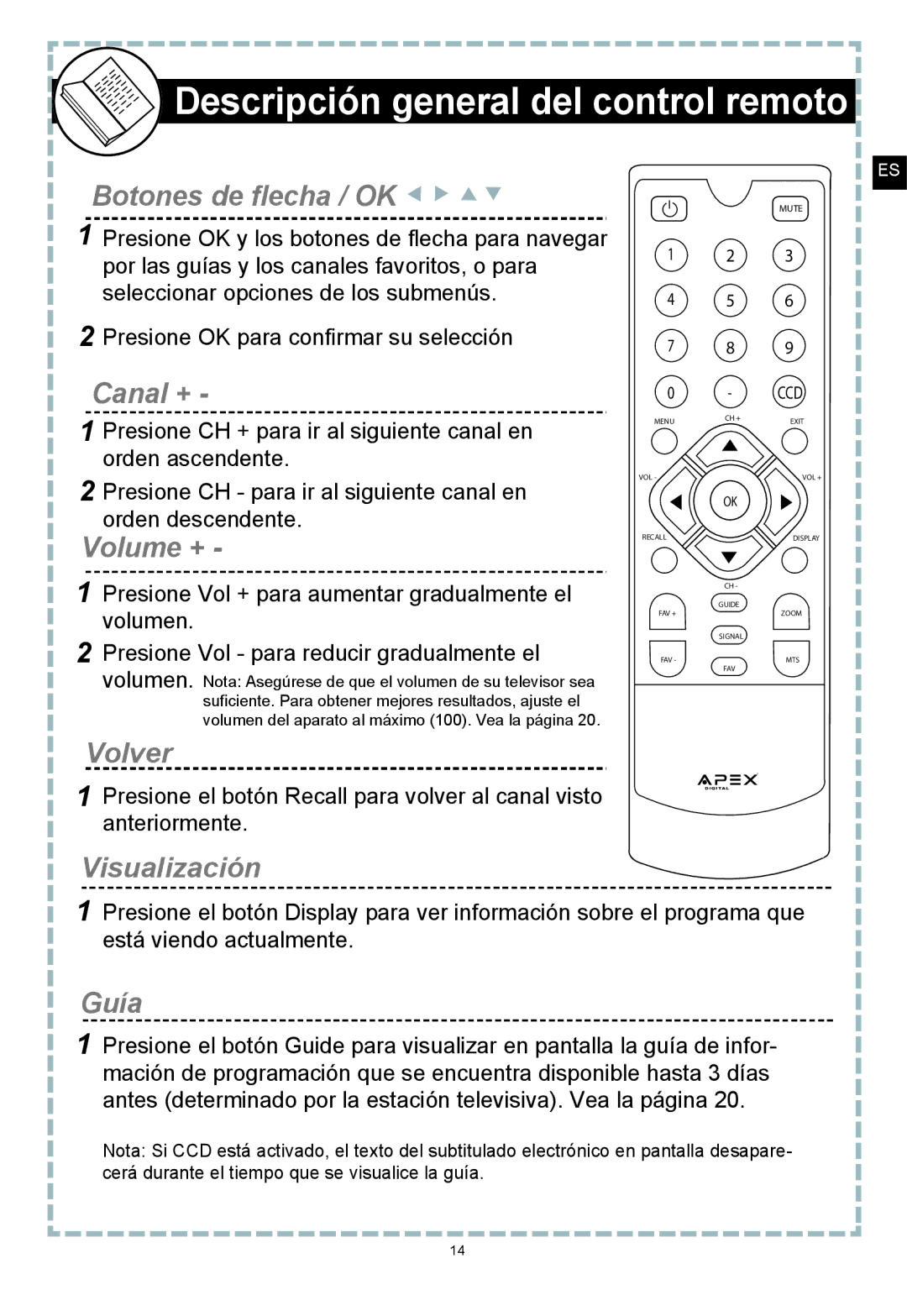 Apex Digital DT150 user manual Volver, Visualización, Botones de flecha / OK, Canal +, Guía 