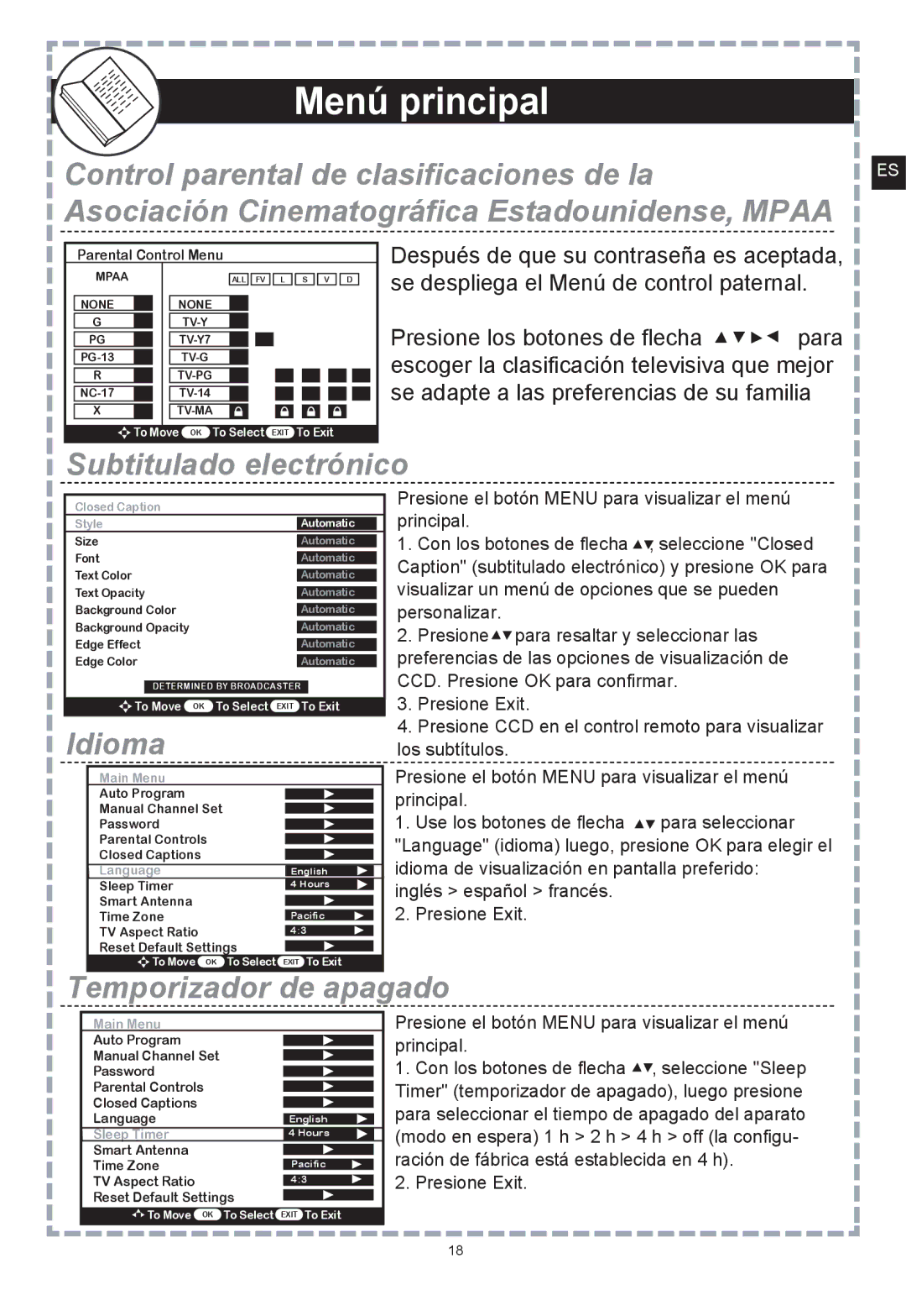 Apex Digital DT150 user manual Subtitulado electrónico, Idioma, Temporizador de apagado 