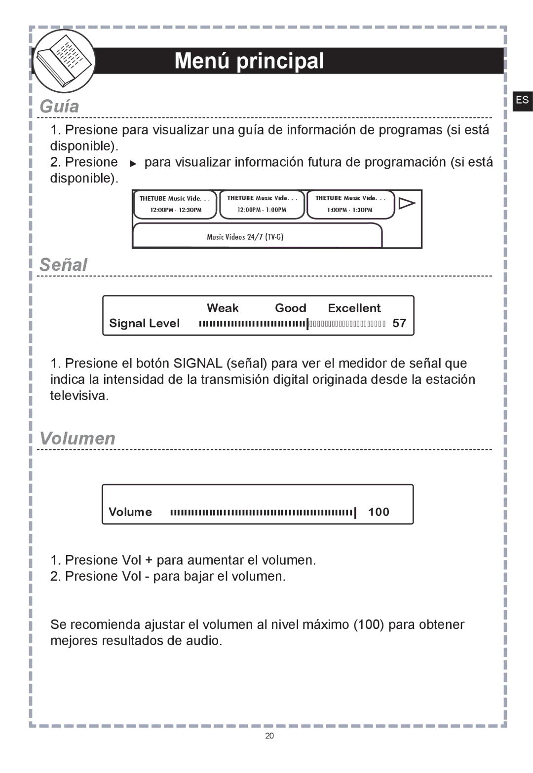 Apex Digital DT150 user manual Guía, Señal, Volumen 