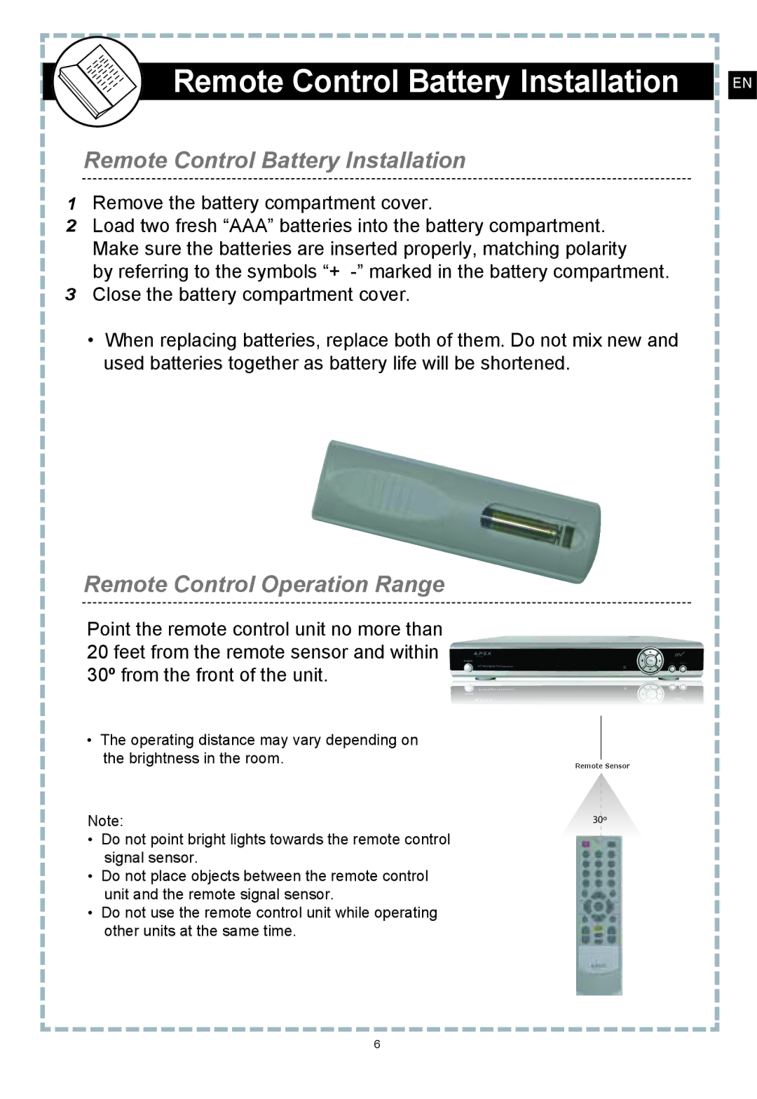 Apex Digital DT150 user manual Remote Control Battery Installation, Remote Control Operation Range 