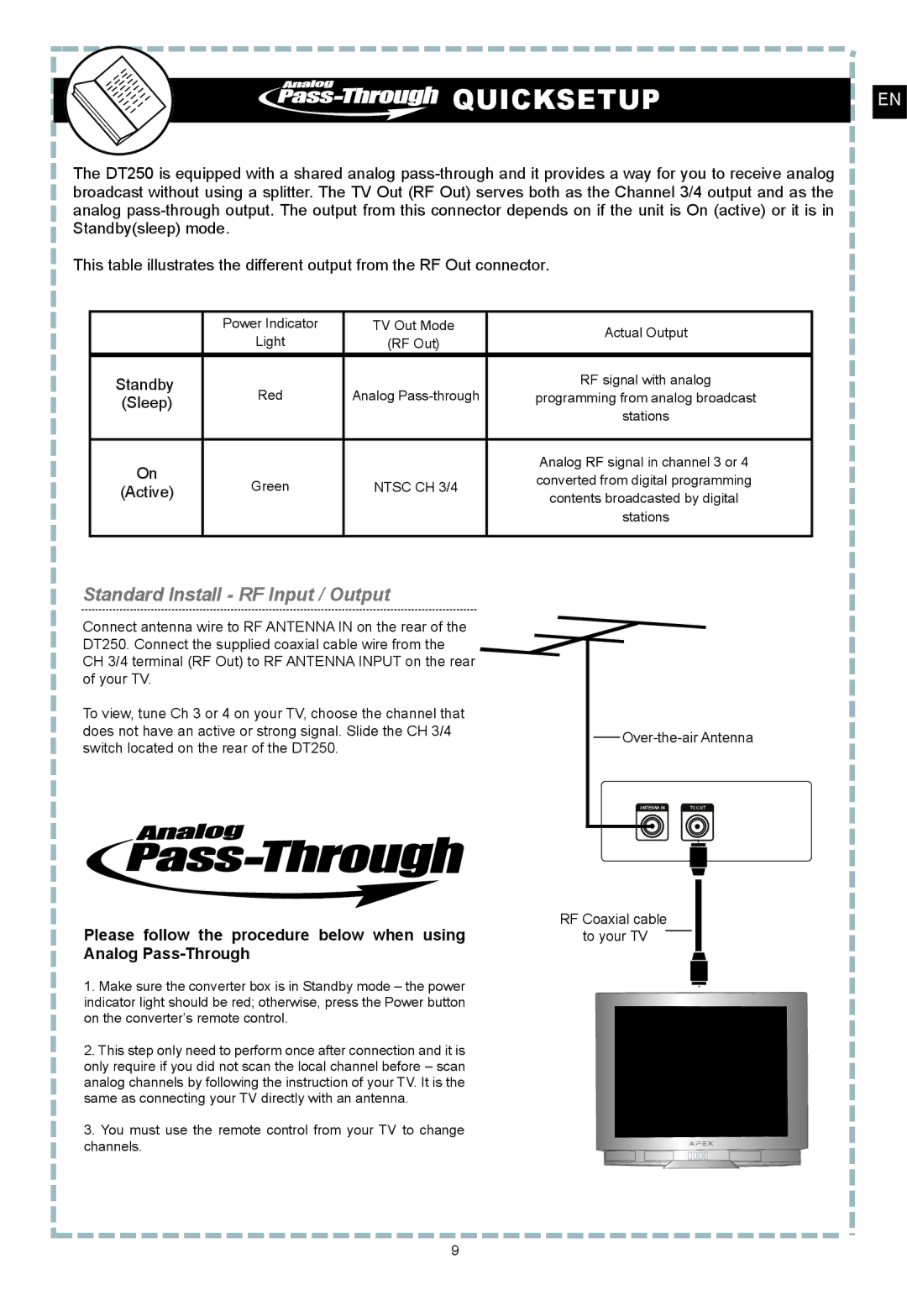 Apex Digital DT250 user manual Quicksetup 