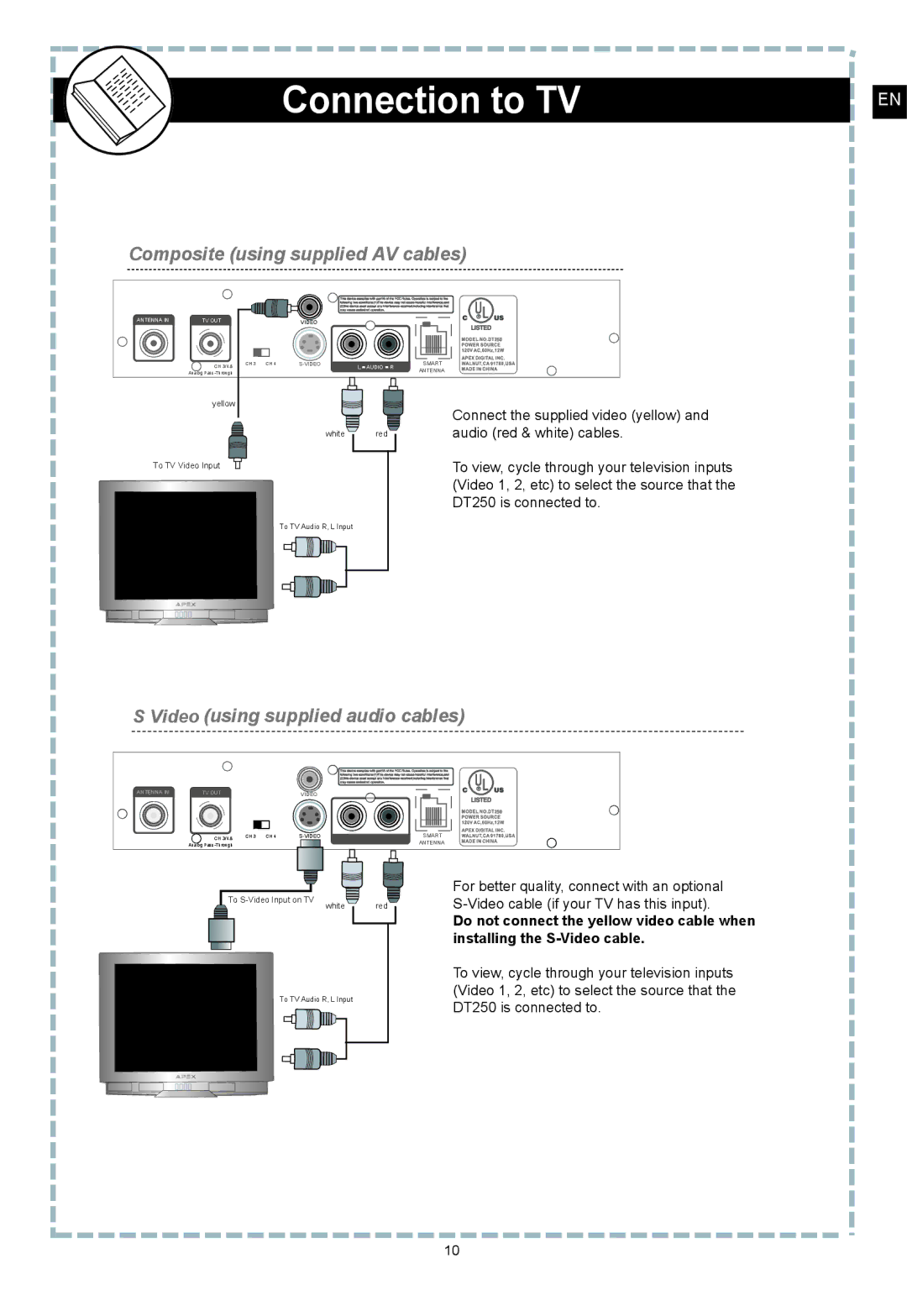 Apex Digital DT250 user manual Connection to TV, Composite using supplied AV cables 