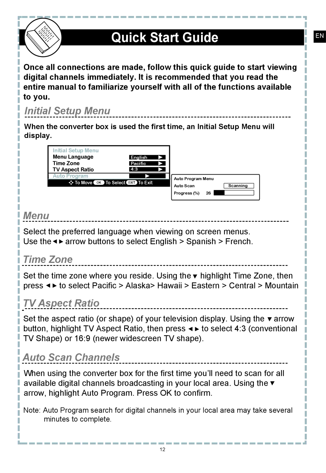 Apex Digital DT250 user manual Quick Start Guide, Initial Setup Menu 