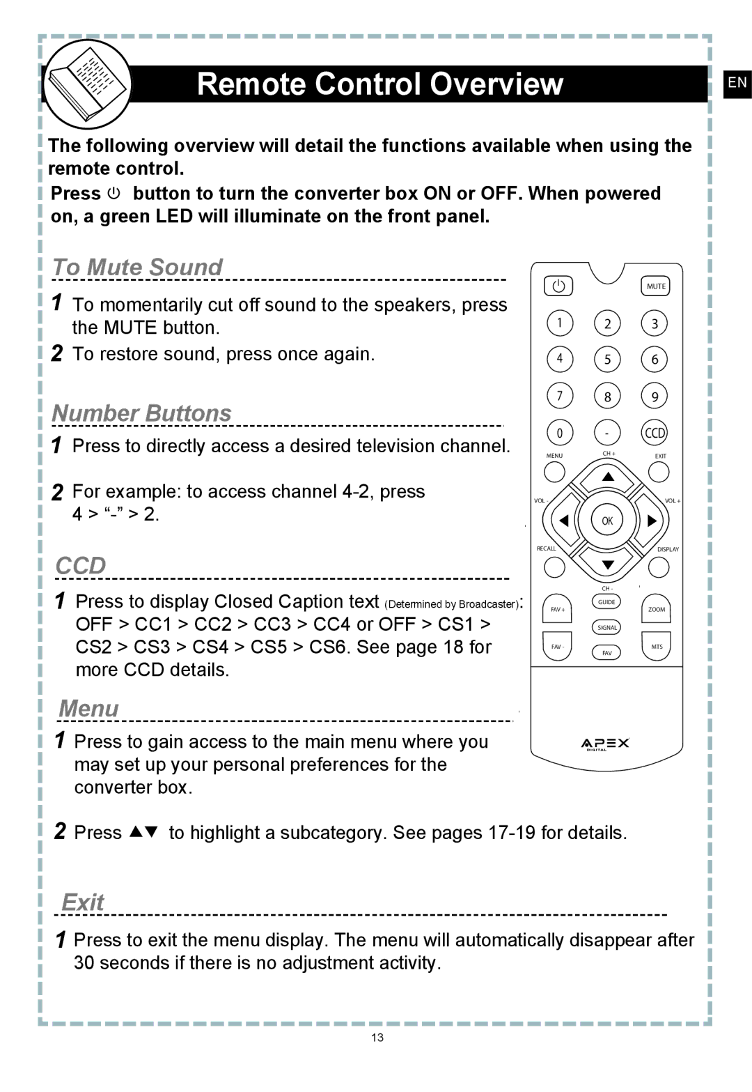 Apex Digital DT250 user manual Remote Control Overview, To Mute Sound 