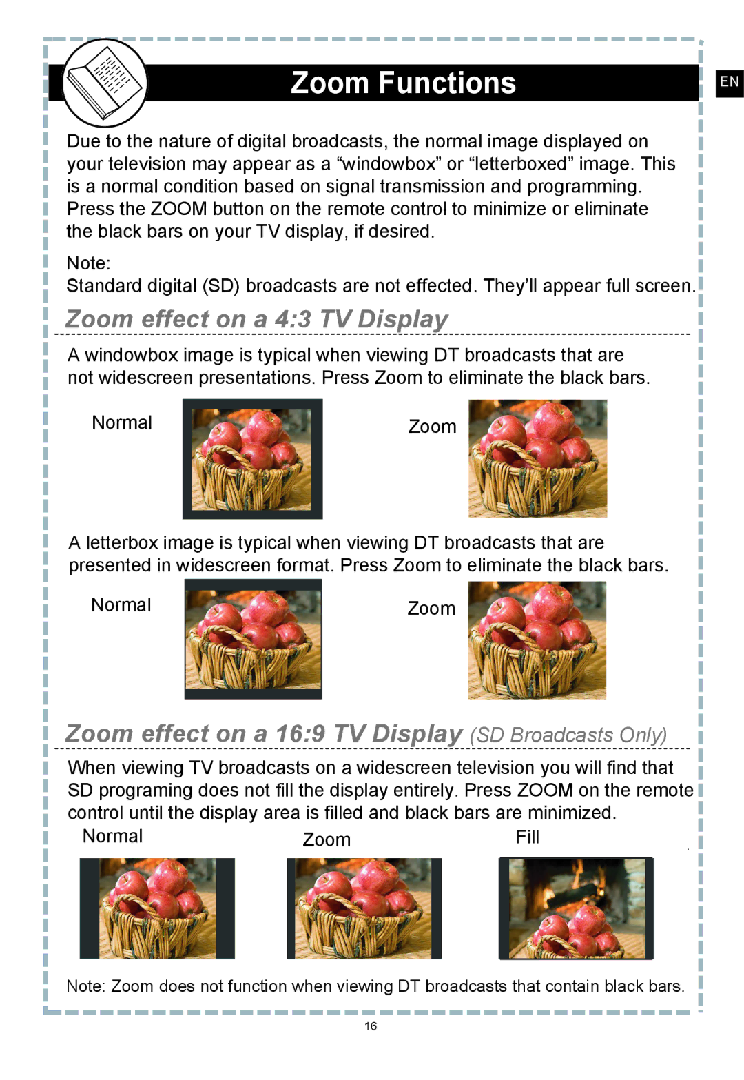 Apex Digital DT250 user manual Zoom Functions, Zoom effect on a 43 TV Display 