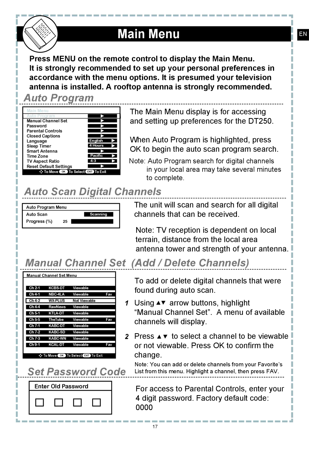 Apex Digital DT250 user manual Main Menu, Auto Program 