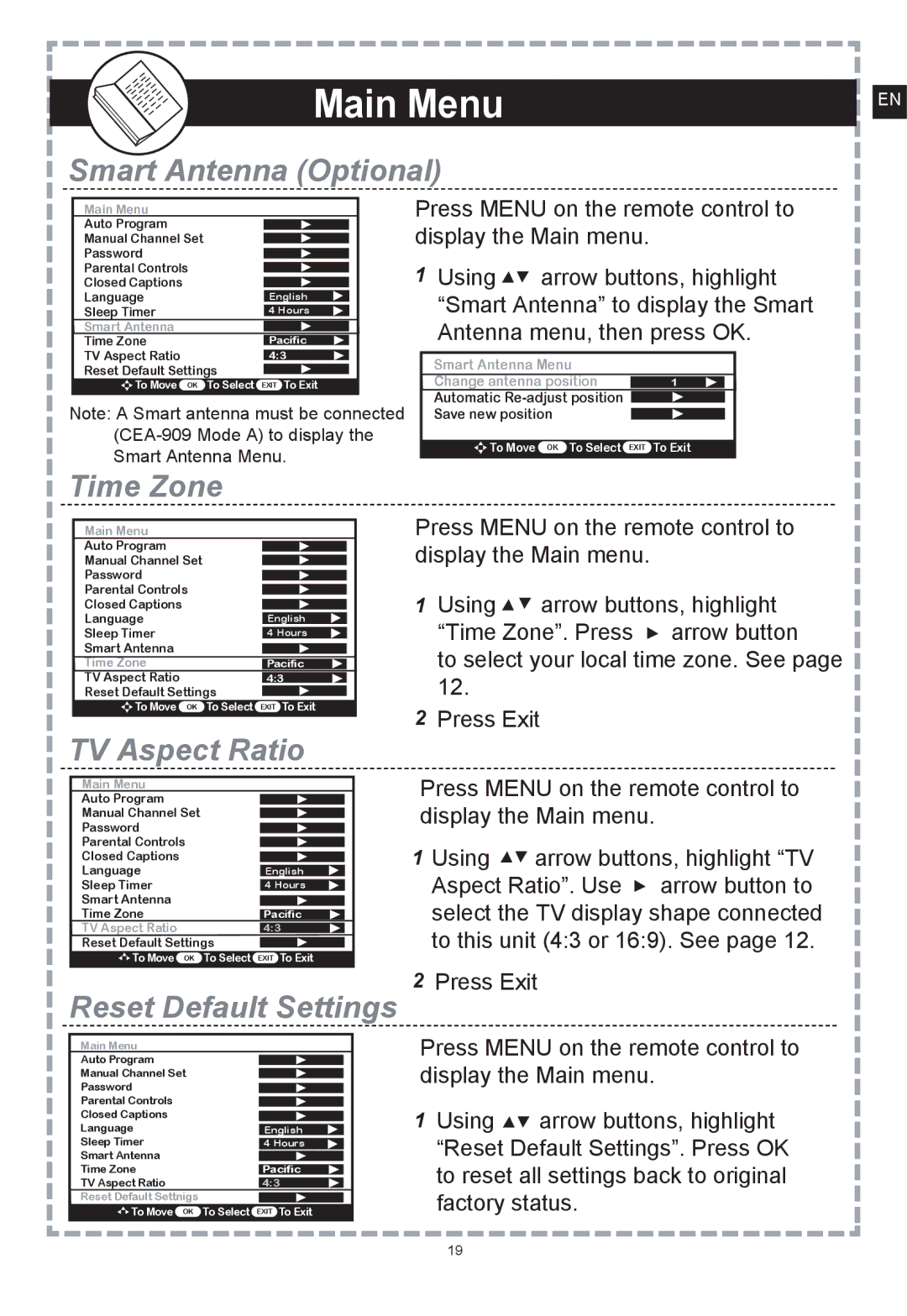 Apex Digital DT250 user manual Main Menu 