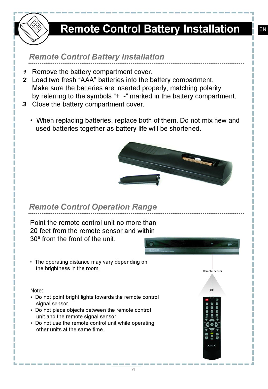 Apex Digital DT250 user manual Remote Control Battery Installation 