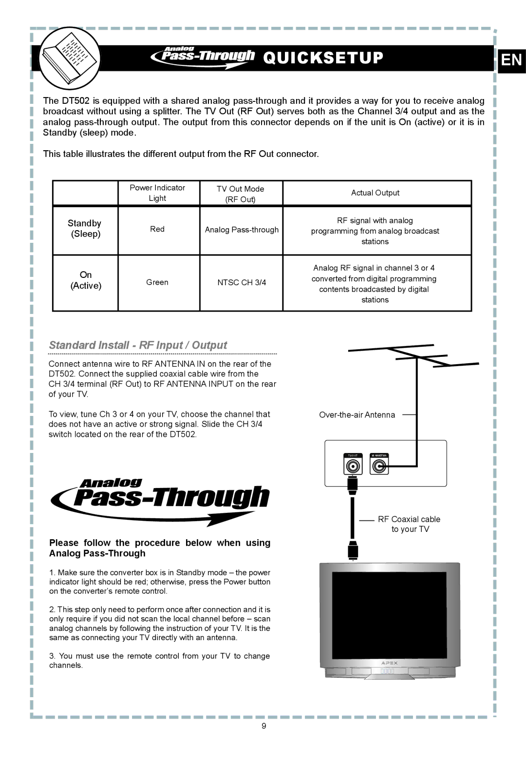 Apex Digital DT502 user manual Quicksetupen 