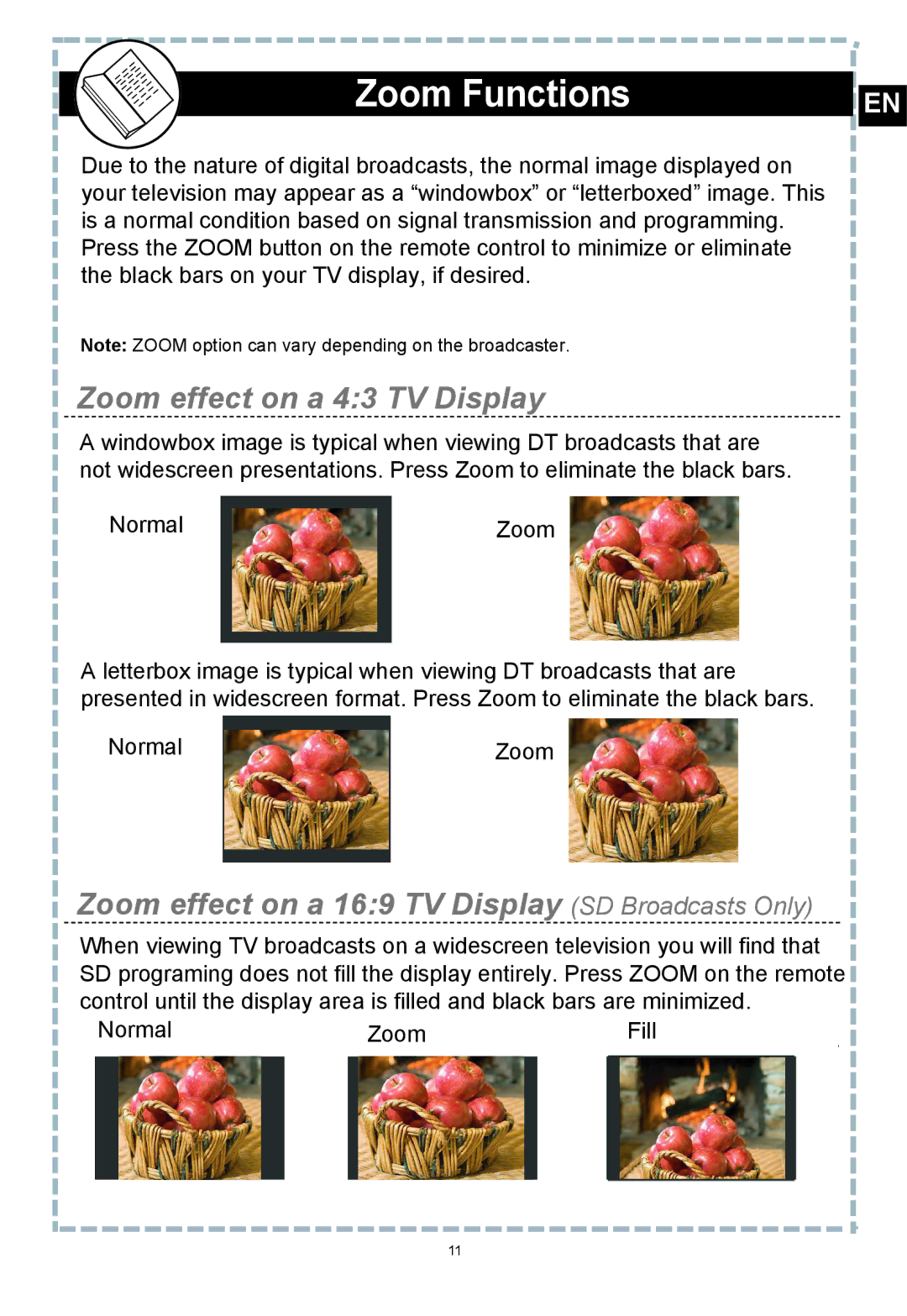 Apex Digital DT502 user manual Zoom Functions, Zoom effect on a 43 TV Display 