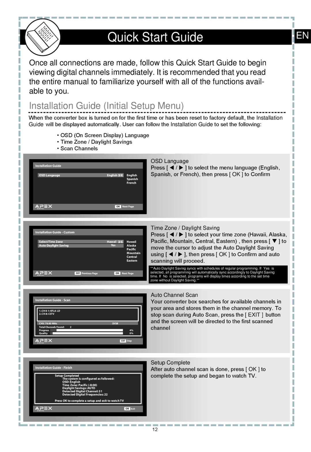 Apex Digital DT502 user manual Quick Start Guide, Installation Guide Initial Setup Menu 