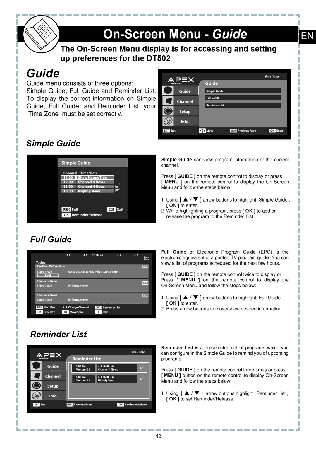 Apex Digital DT502 user manual On-Screen Menu Guide, Simple Guide, Full Guide, Reminder List 