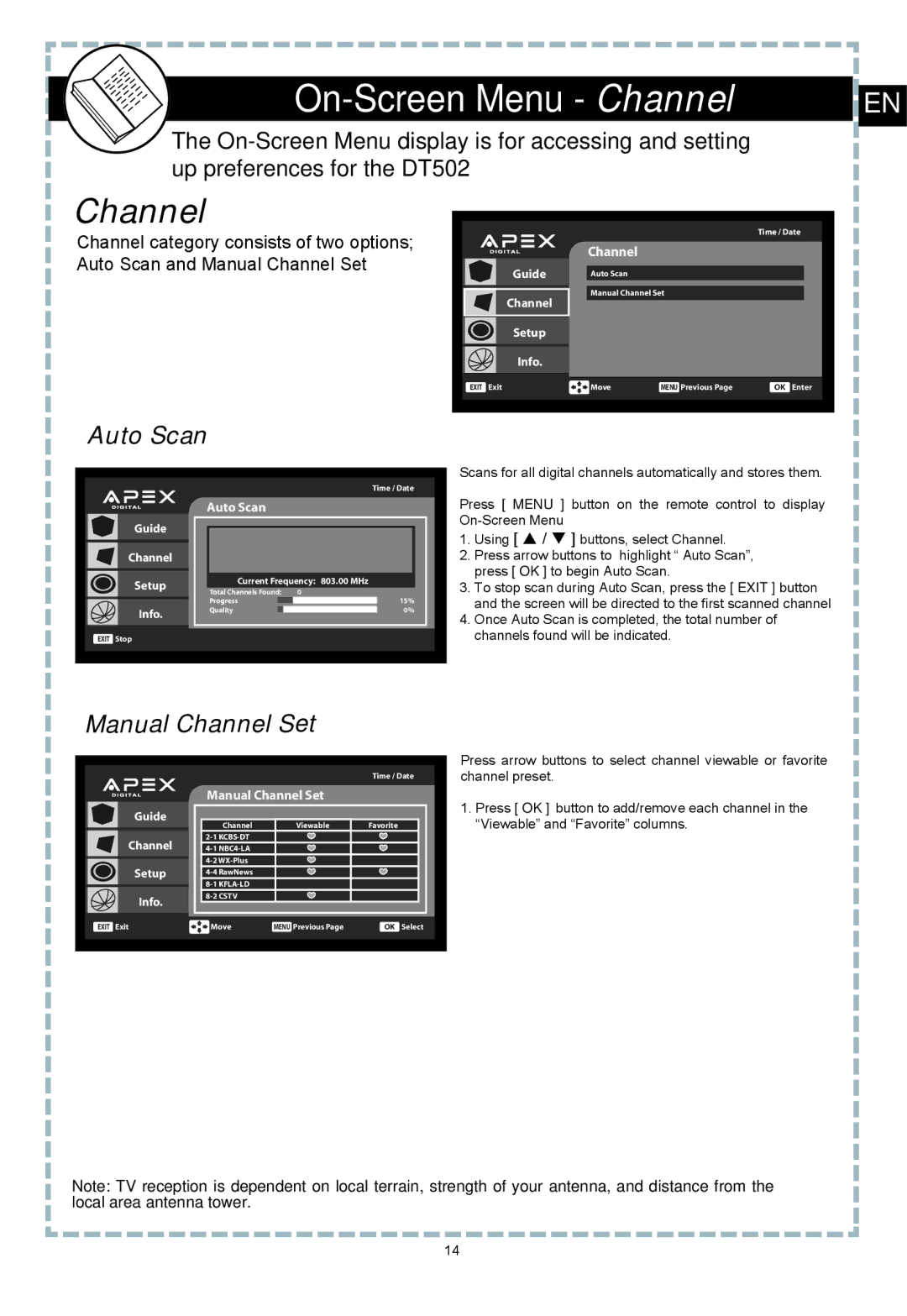 Apex Digital DT502 user manual On-Screen Menu Channel, Auto Scan, Manual Channel Set 