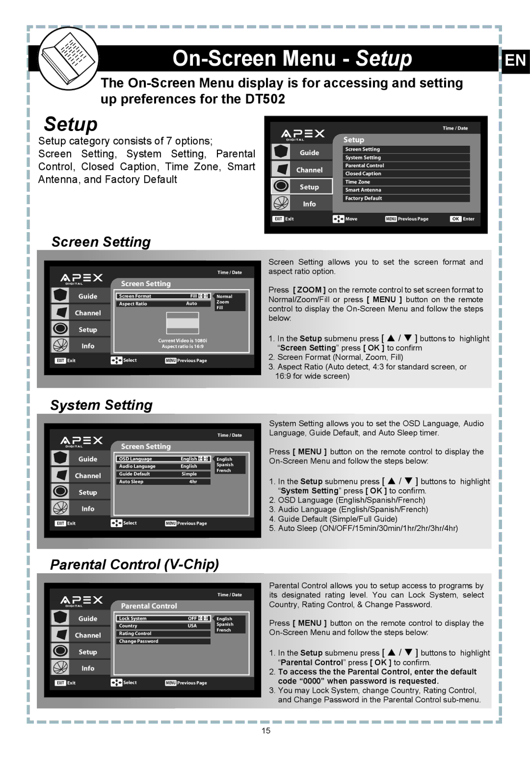 Apex Digital DT502 user manual On-Screen Menu Setup, Screen Setting, System Setting, Parental Control V-Chip 