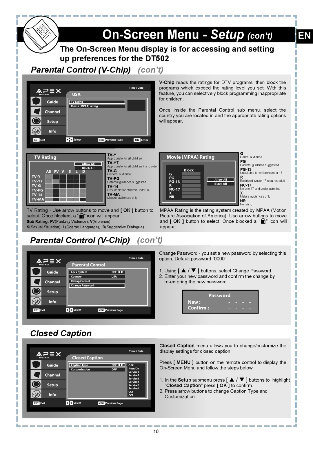 Apex Digital DT502 user manual On-Screen Menu Setup con’t, Parental Control V-Chip con’t, Closed Caption 