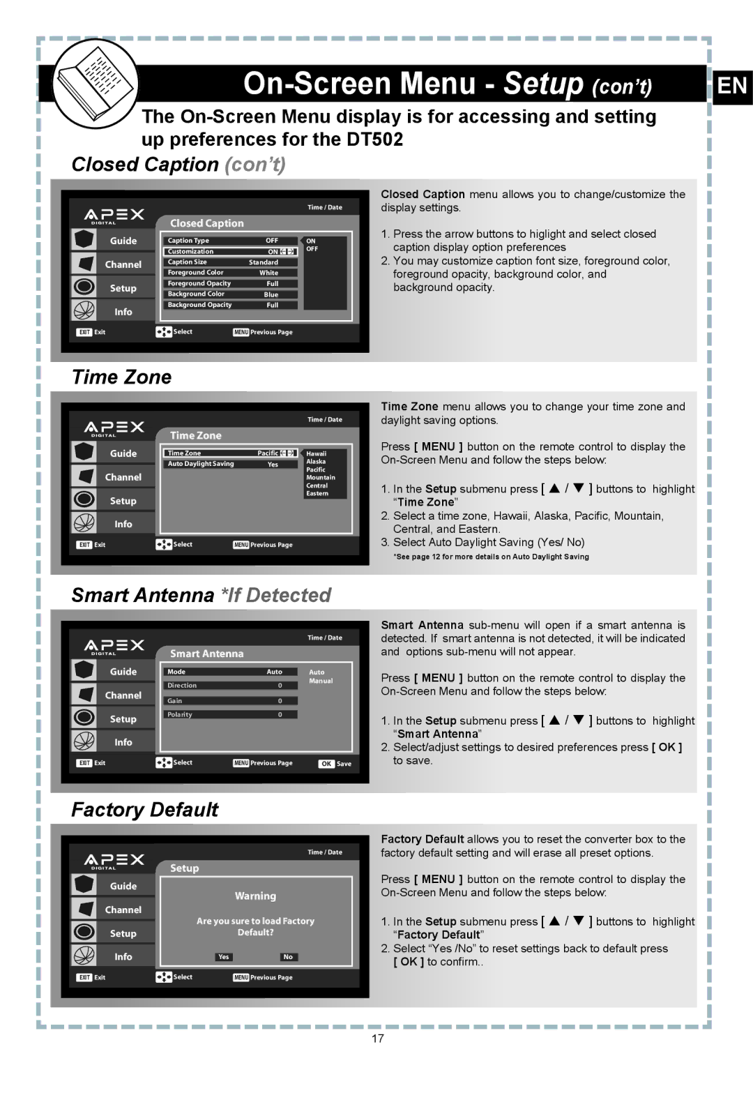 Apex Digital DT502 user manual Closed Caption con’t, Time Zone, Smart Antenna *If Detected, Factory Default 