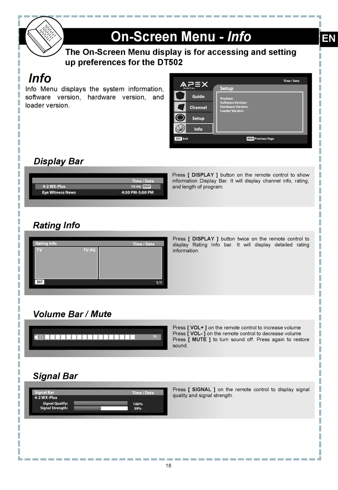 Apex Digital DT502 user manual On-Screen Menu Info, Display Bar, Rating Info, Volume Bar / Mute, Signal Bar 