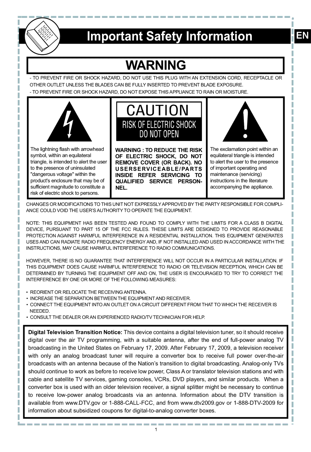 Apex Digital DT502 user manual Important Safety Information 