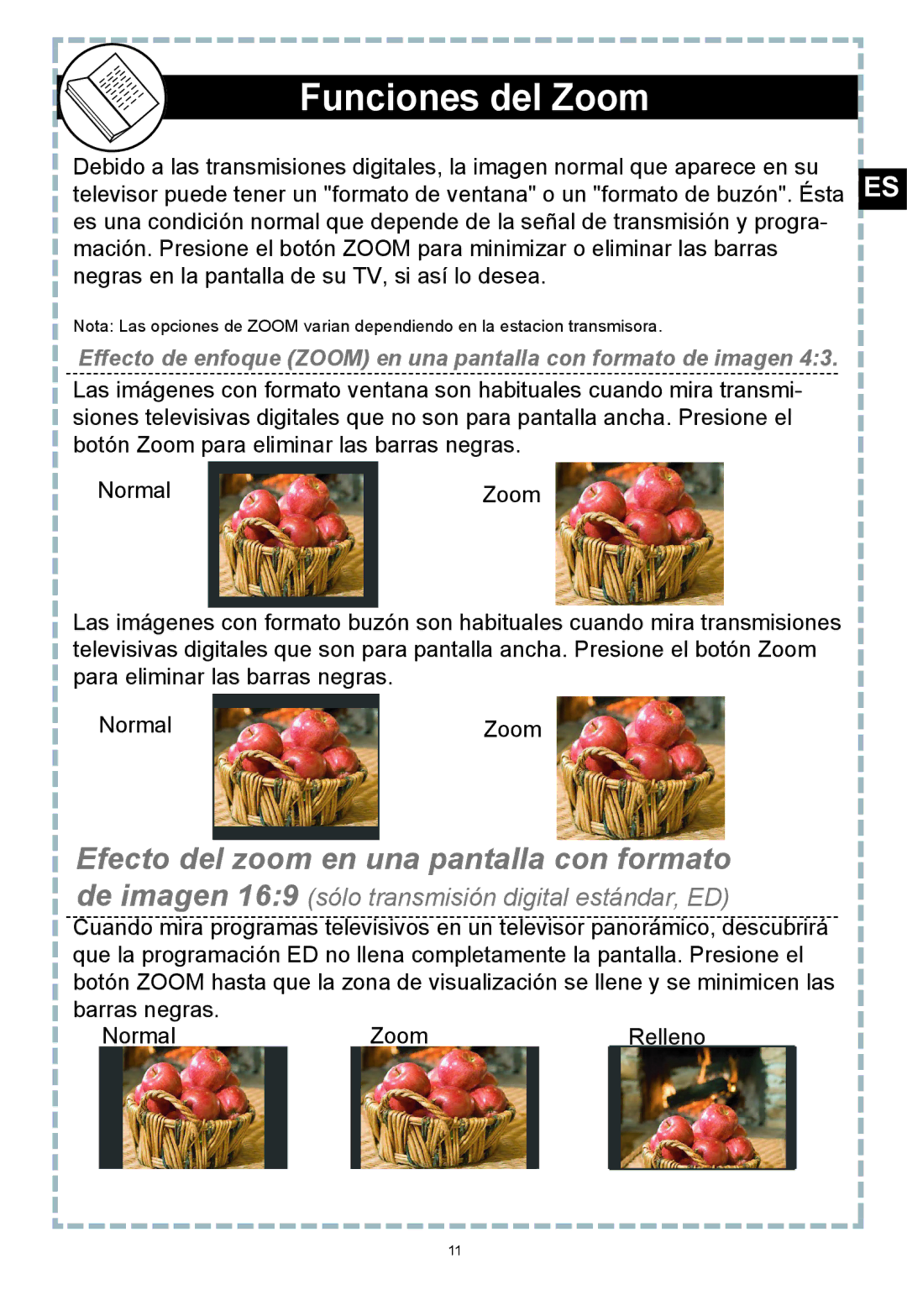 Apex Digital DT502 user manual Funciones del Zoom, Efecto del zoom en una pantalla con formato 