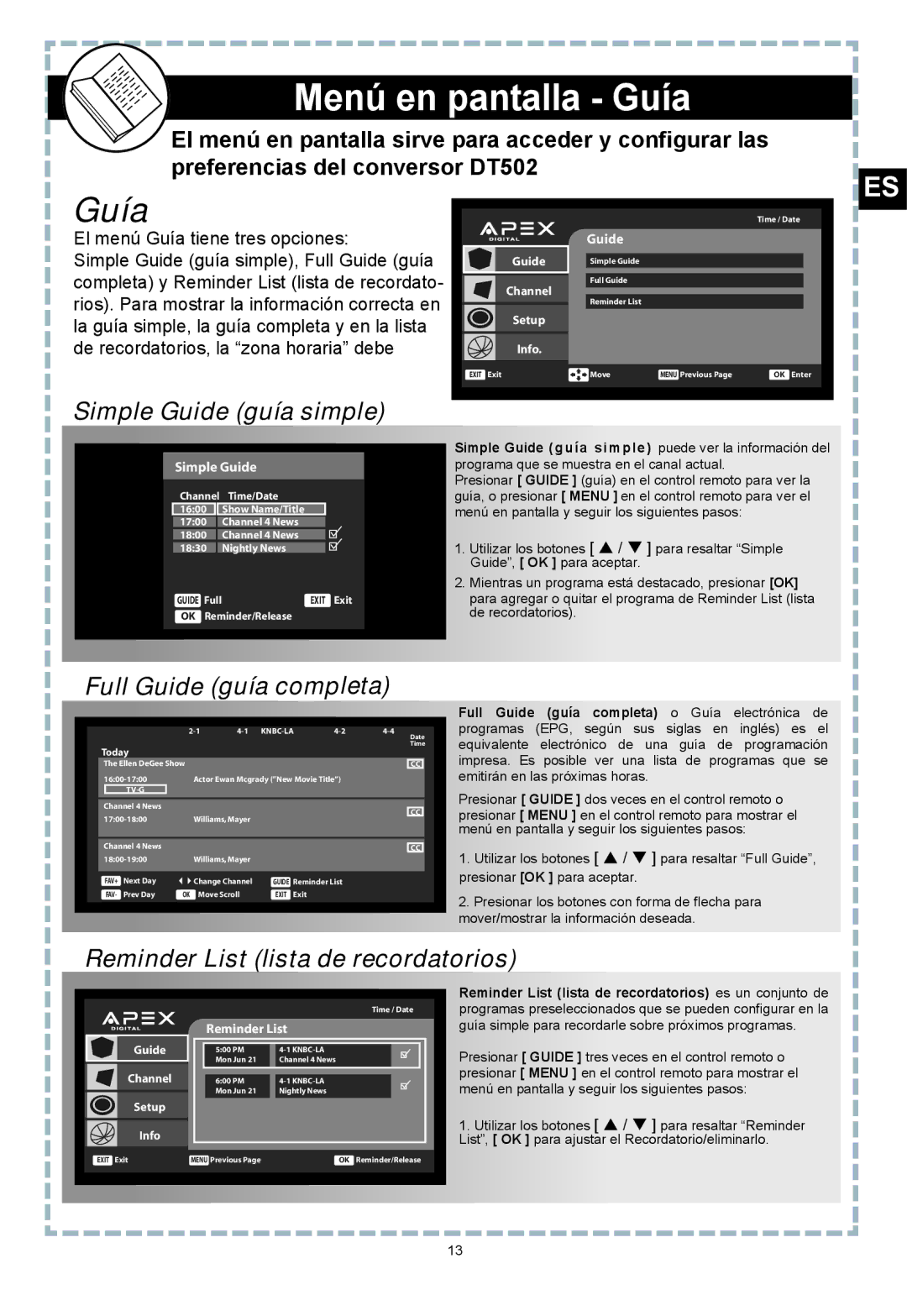 Apex Digital DT502 user manual Menú en pantalla Guía, Simple Guide guía simple, Full Guide guía completa 