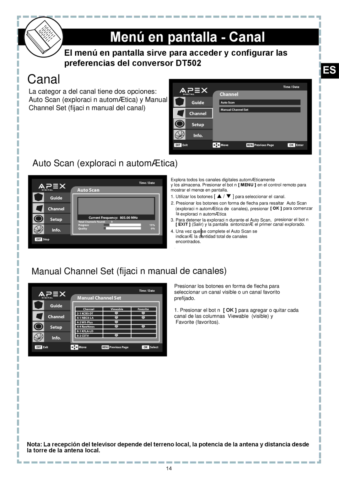 Apex Digital DT502 Menú en pantalla Canal, Auto Scan exploración automática, Manual Channel Set fijación manual de canales 