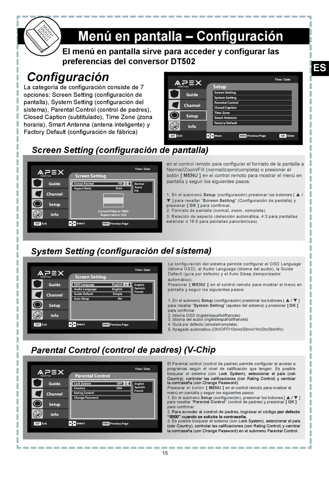 Apex Digital DT502 user manual Menú en pantalla Configuración, Screen Setting configuración de pantalla 