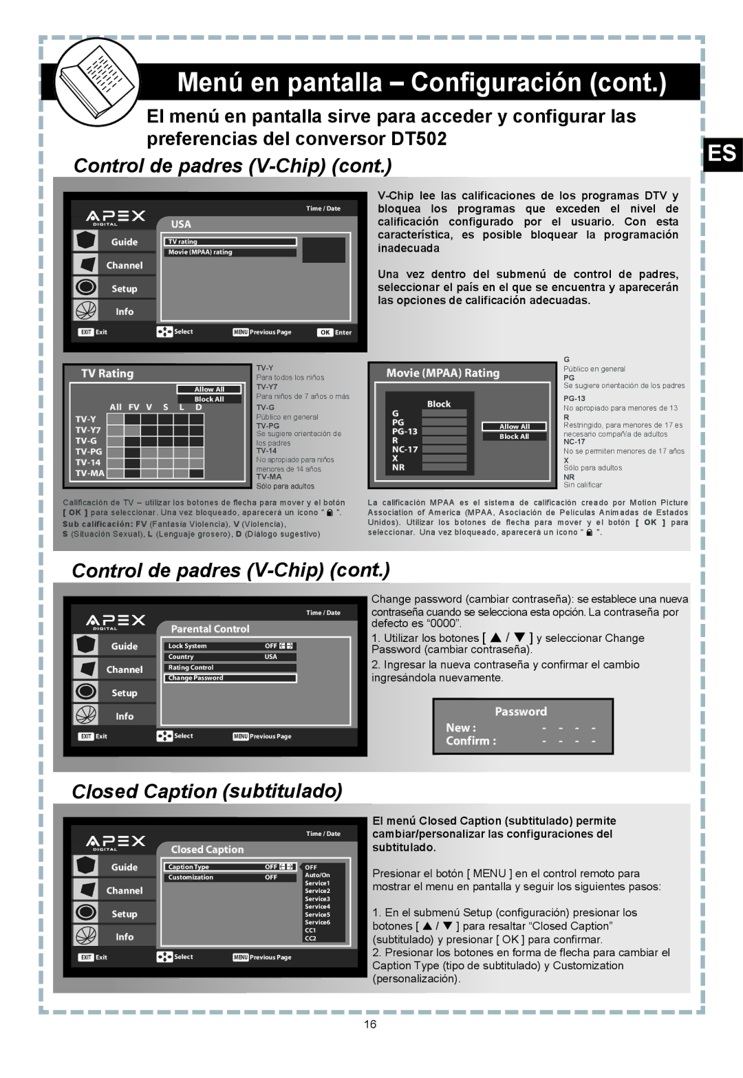 Apex Digital DT502 user manual Control de padres V-Chip, Closed Caption subtitulado 