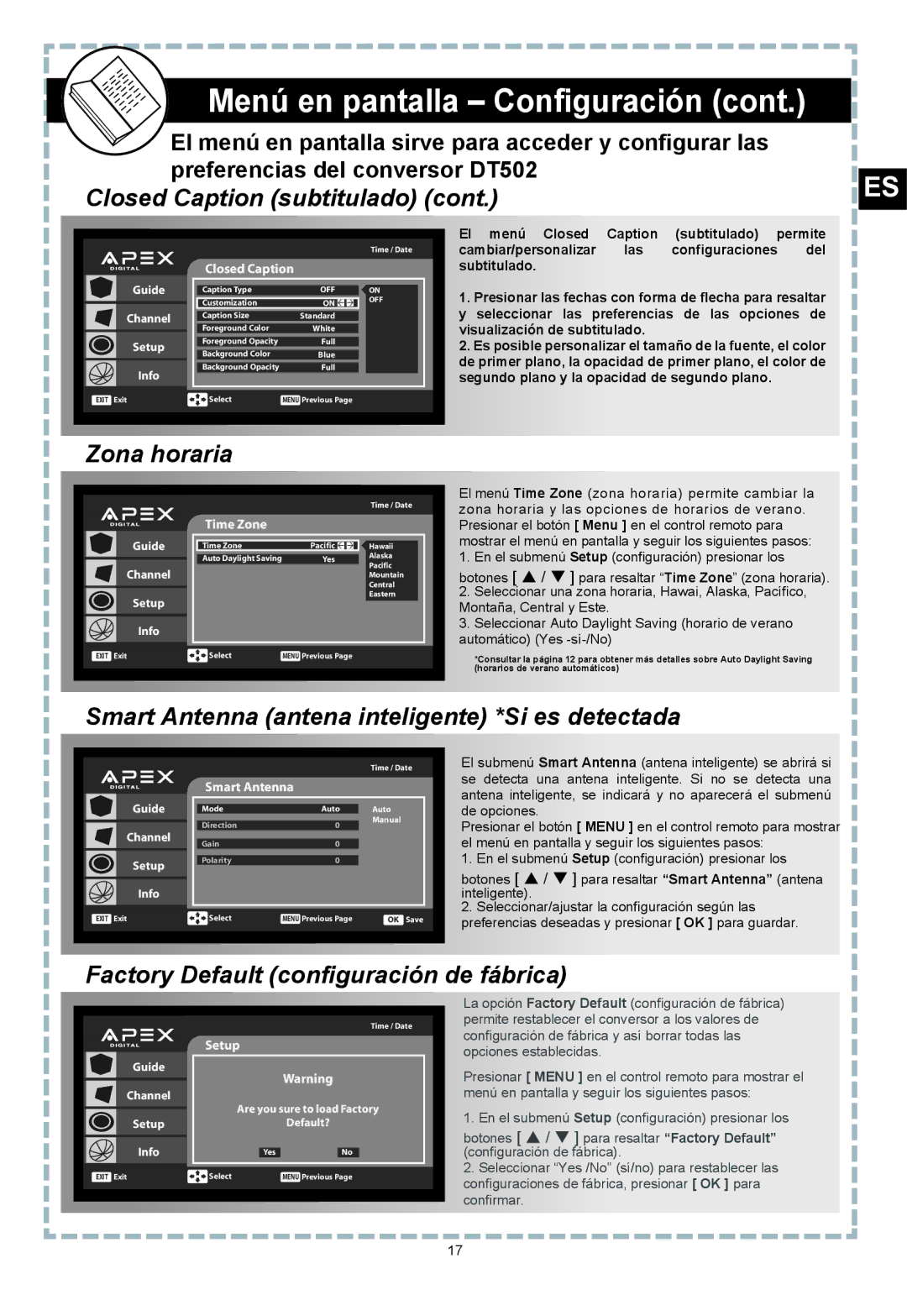 Apex Digital DT502 user manual Closed Caption subtitulado, Zona horaria, Smart Antenna antena inteligente *Si es detectada 