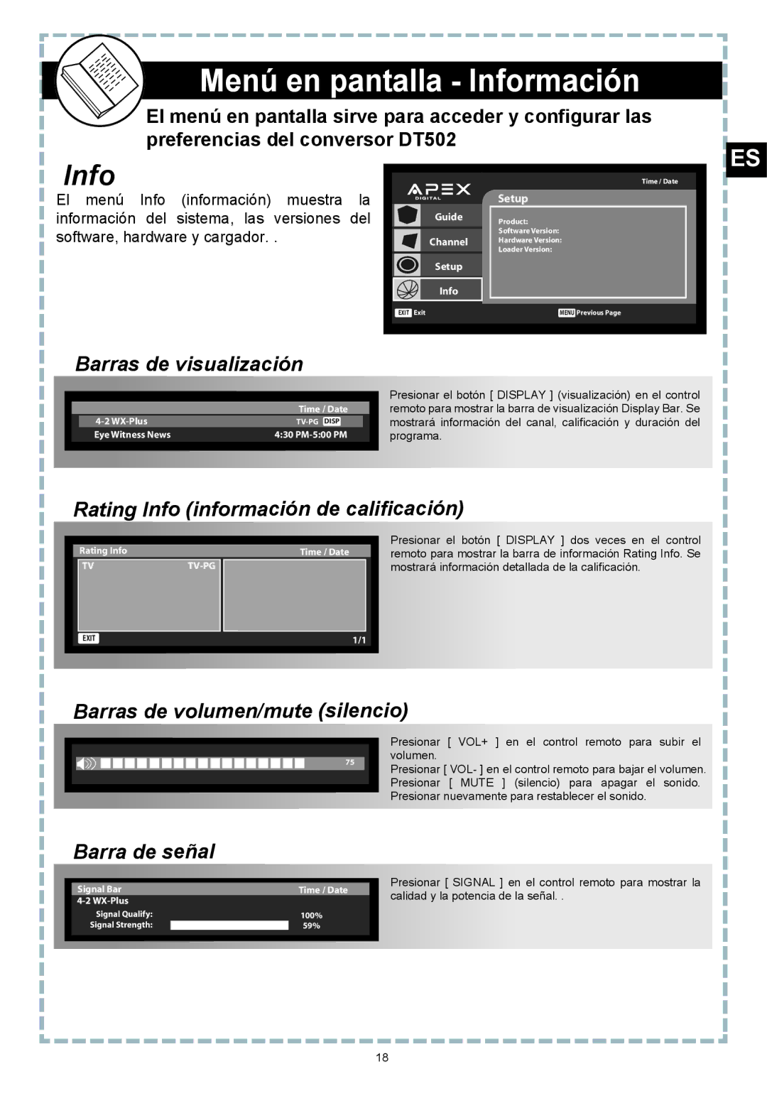 Apex Digital DT502 Menú en pantalla Información, Barras de visualización, Rating Info información de calificación 