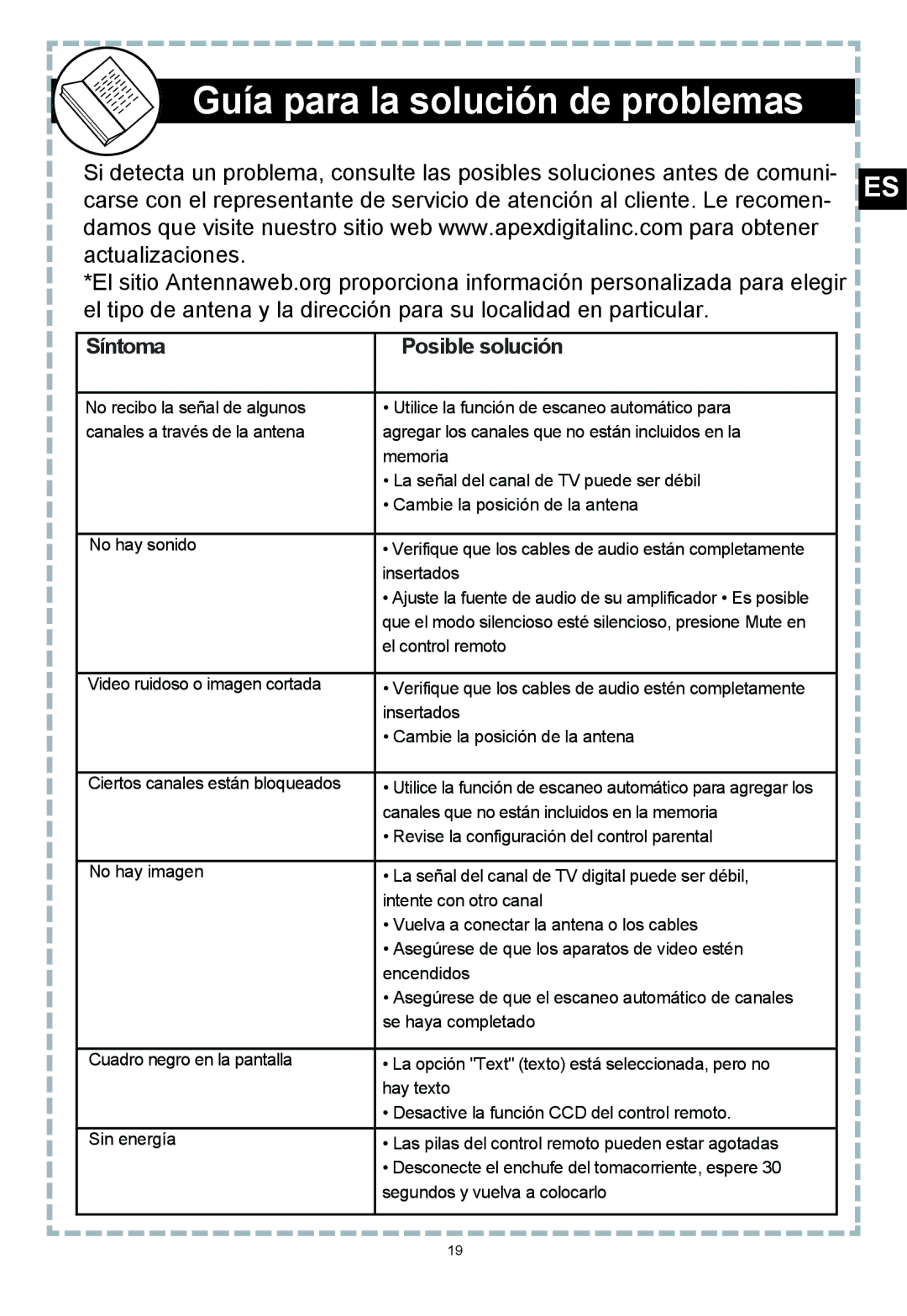 Apex Digital DT502 user manual Guía para la solución de problemas, Síntoma Posible solución 