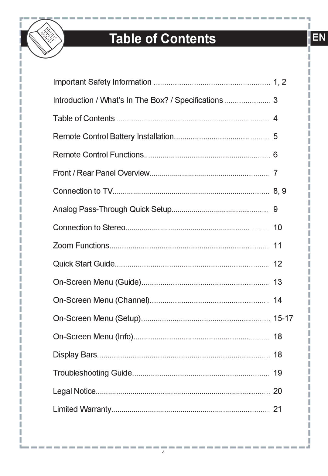 Apex Digital DT502 user manual Table of Contents 