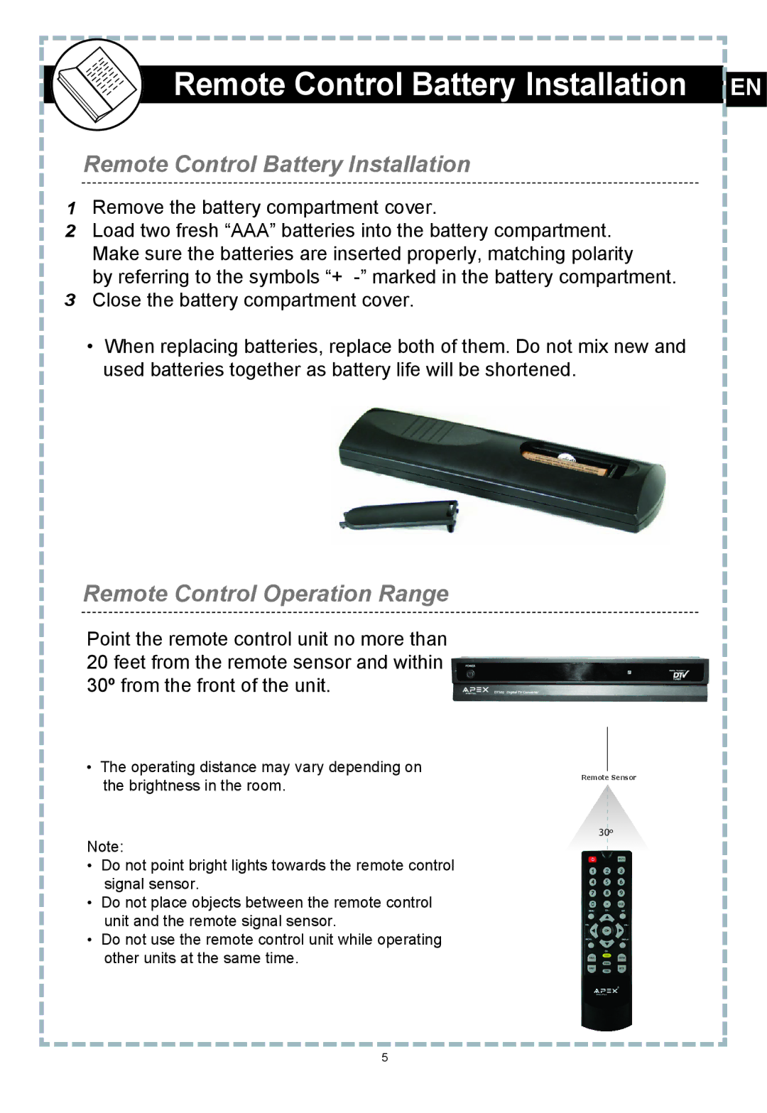 Apex Digital DT502 user manual Remote Control Battery Installation EN 