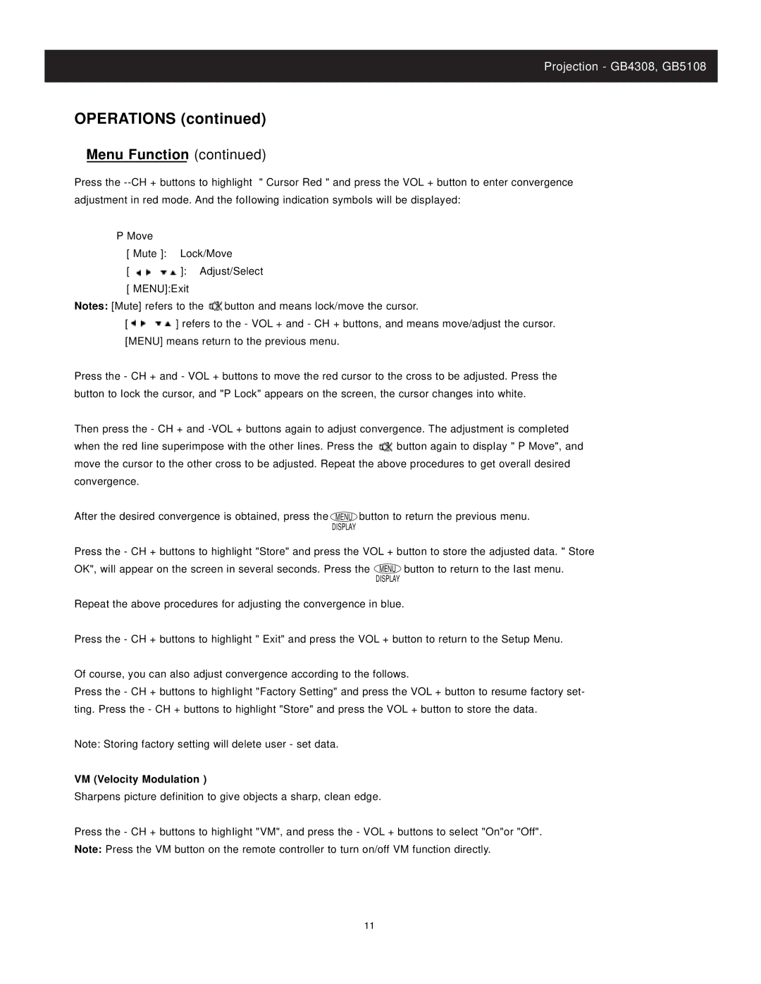 Apex Digital GB4308, GB5108 instruction manual VM Velocity Modulation 