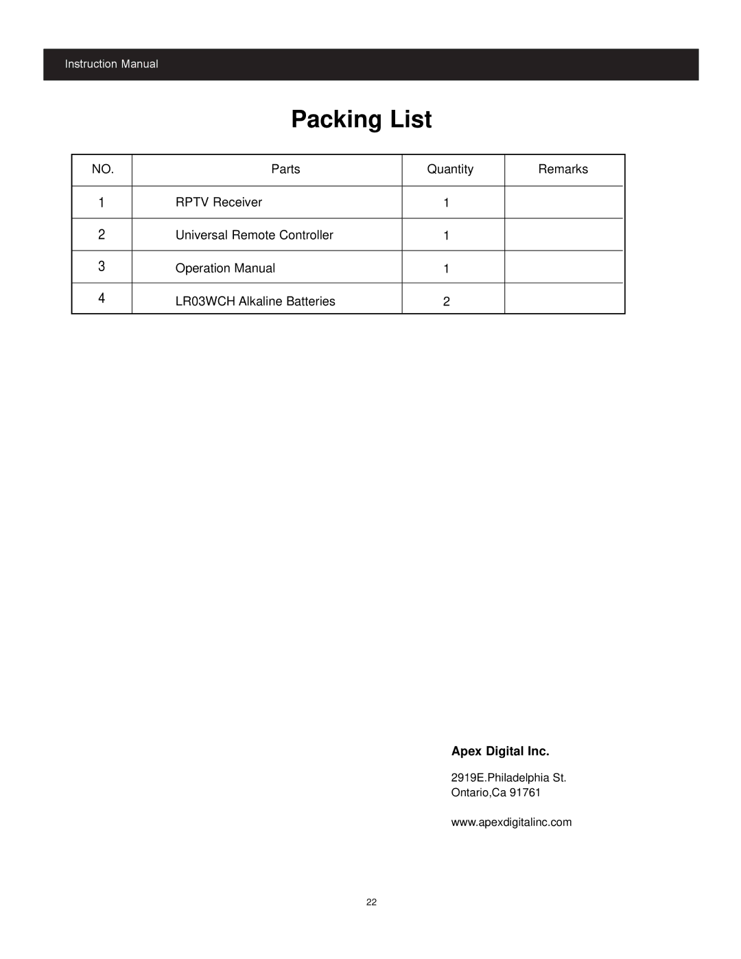 Apex Digital GB4308, GB5108 instruction manual Packing List 