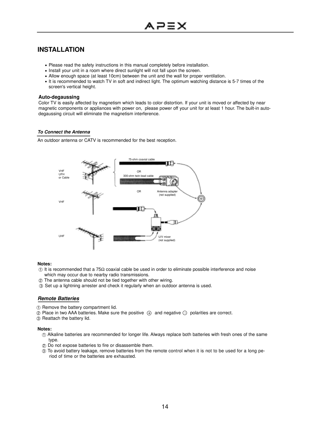 Apex Digital GT2015DV operation manual Installation, Auto-degaussing 