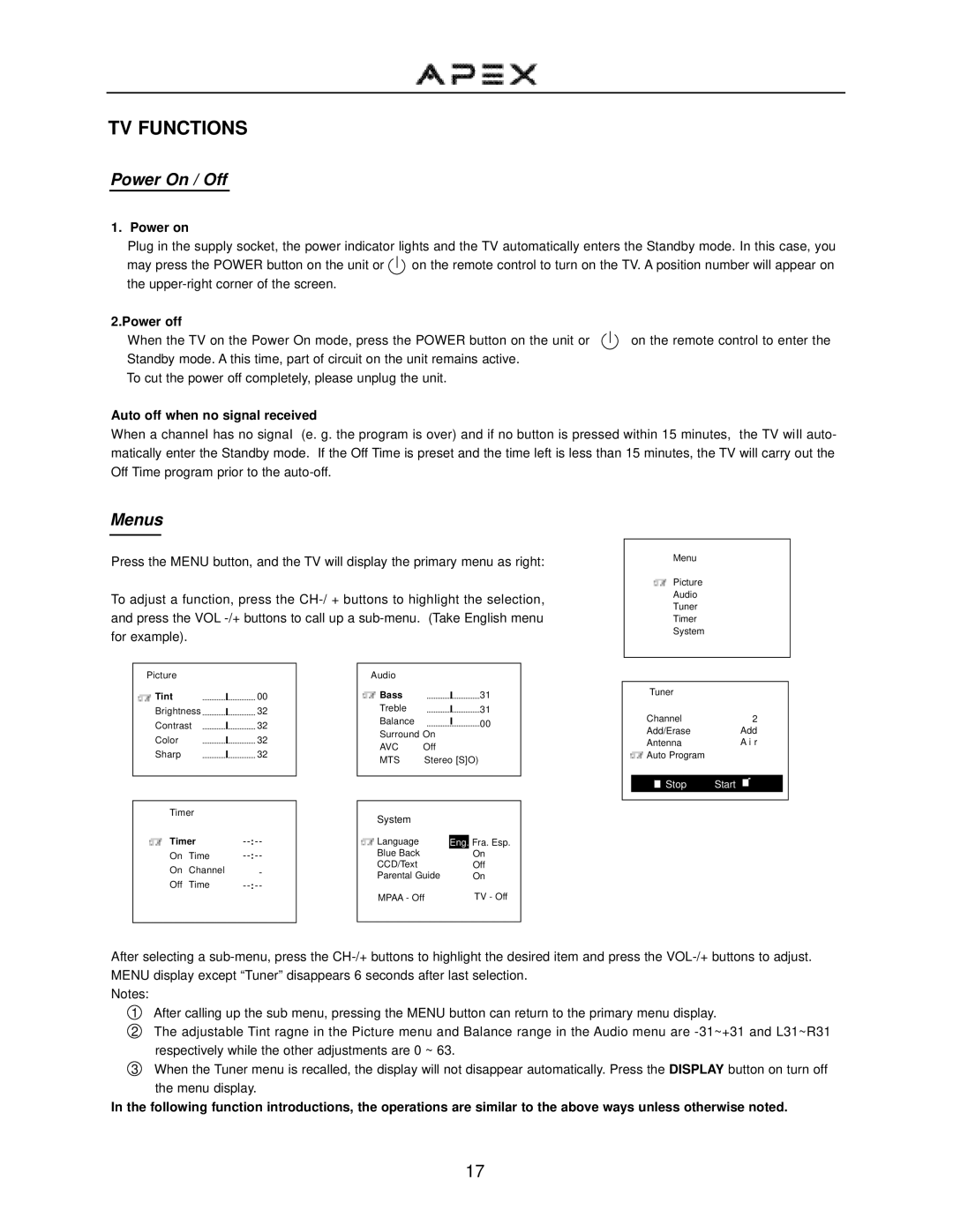 Apex Digital GT2015DV operation manual TV Functions, Power on, Power off, Auto off when no signal received 