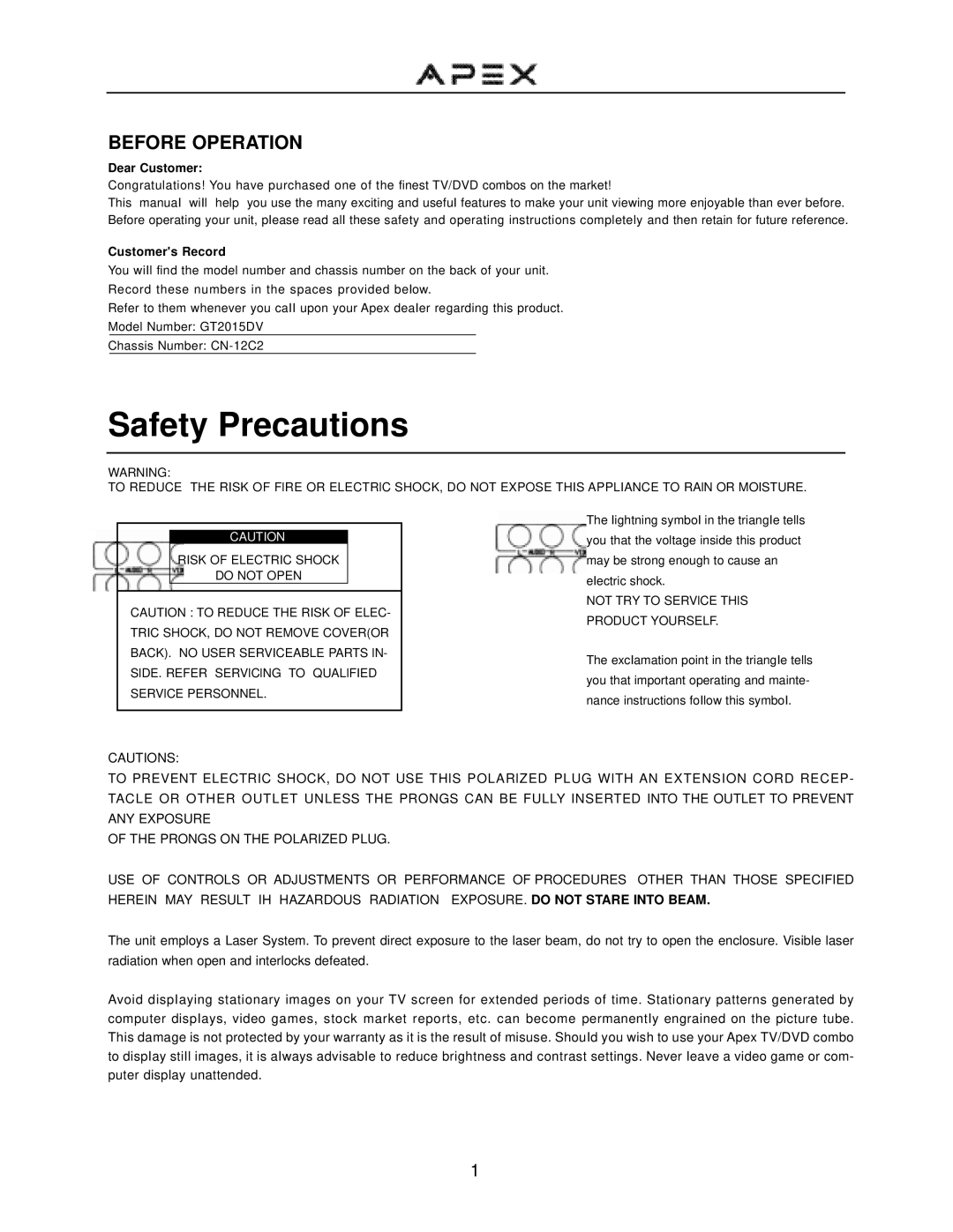 Apex Digital GT2015DV operation manual Before Operation, Dear Customer, Customers Record 