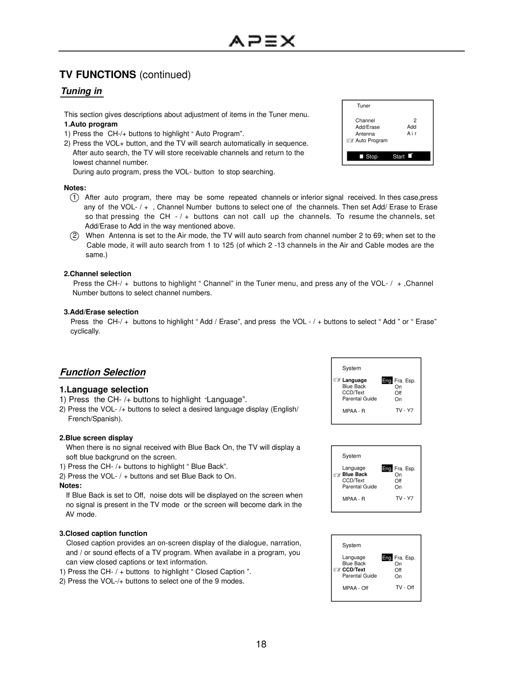 Apex Digital GT2015DV operation manual Function Selection 